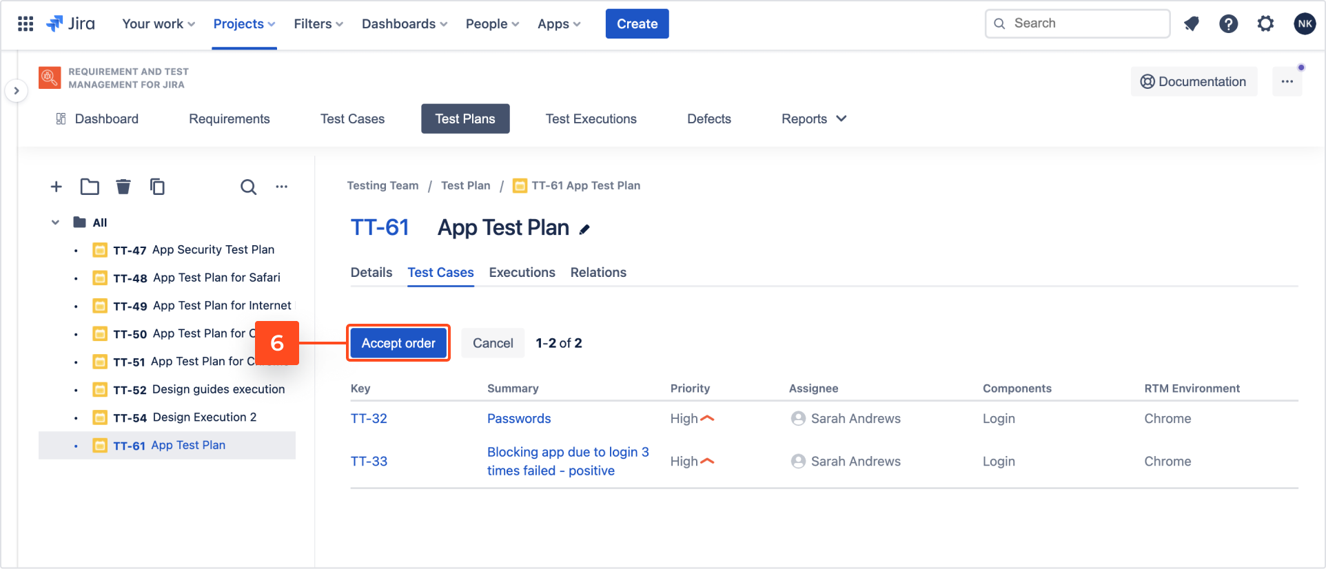 Change order of Test Cases under the Test Plan with Requirements and Test Management for Jira app