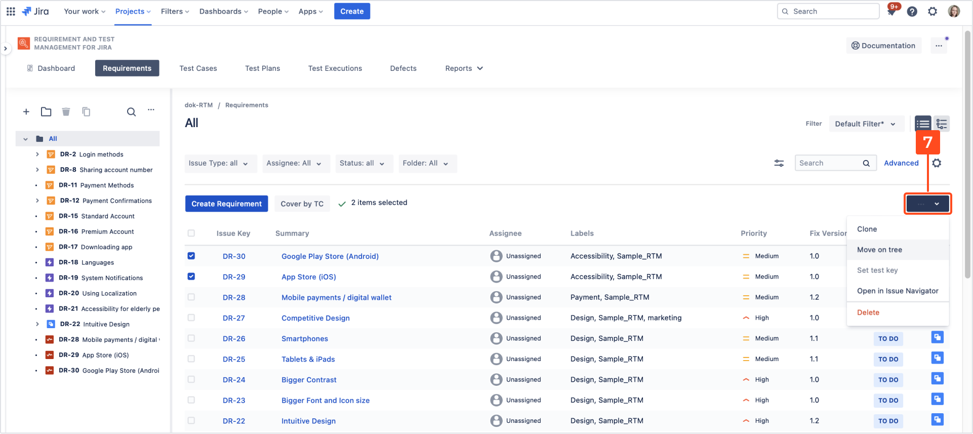 Explore navigation tools in Requirements and Test Management for Jira app