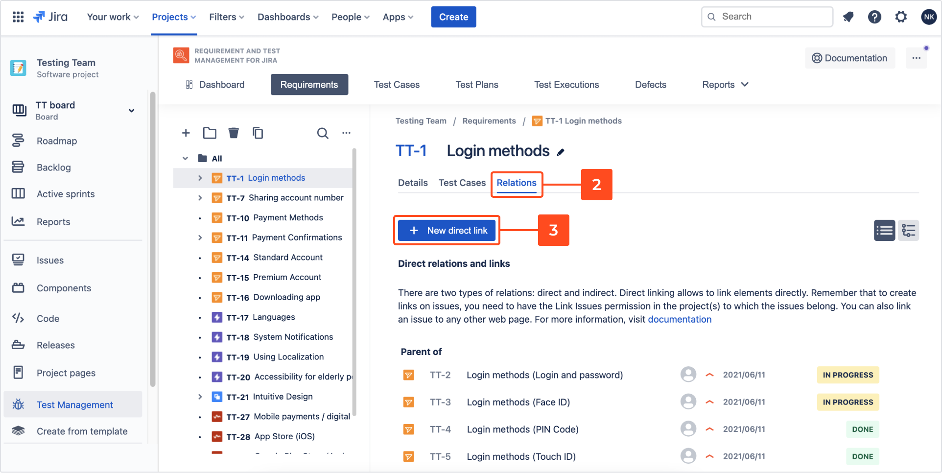 Create link with Requirements and Test Management for Jira app