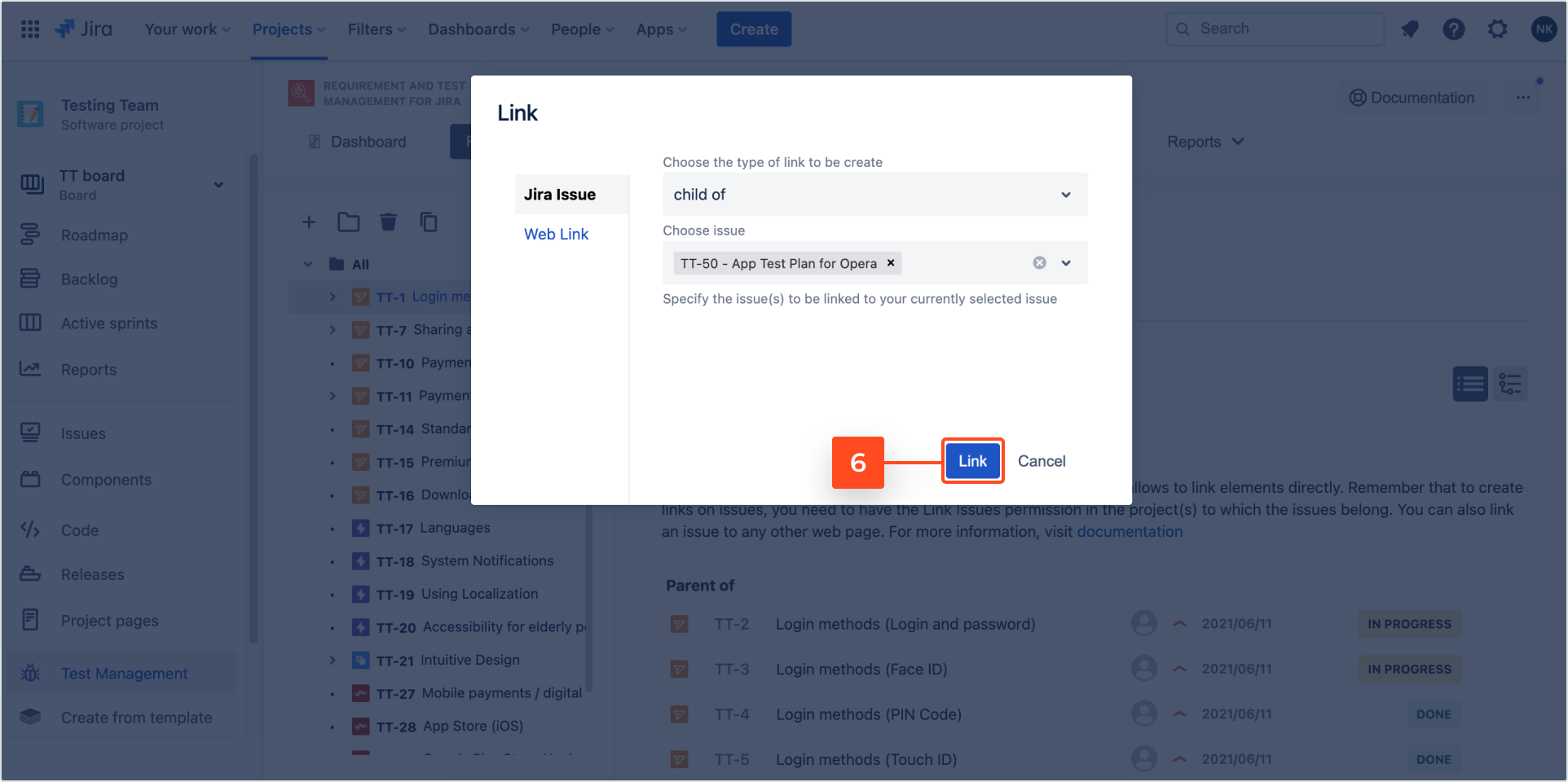 Create link with Requirements and Test Management for Jira app