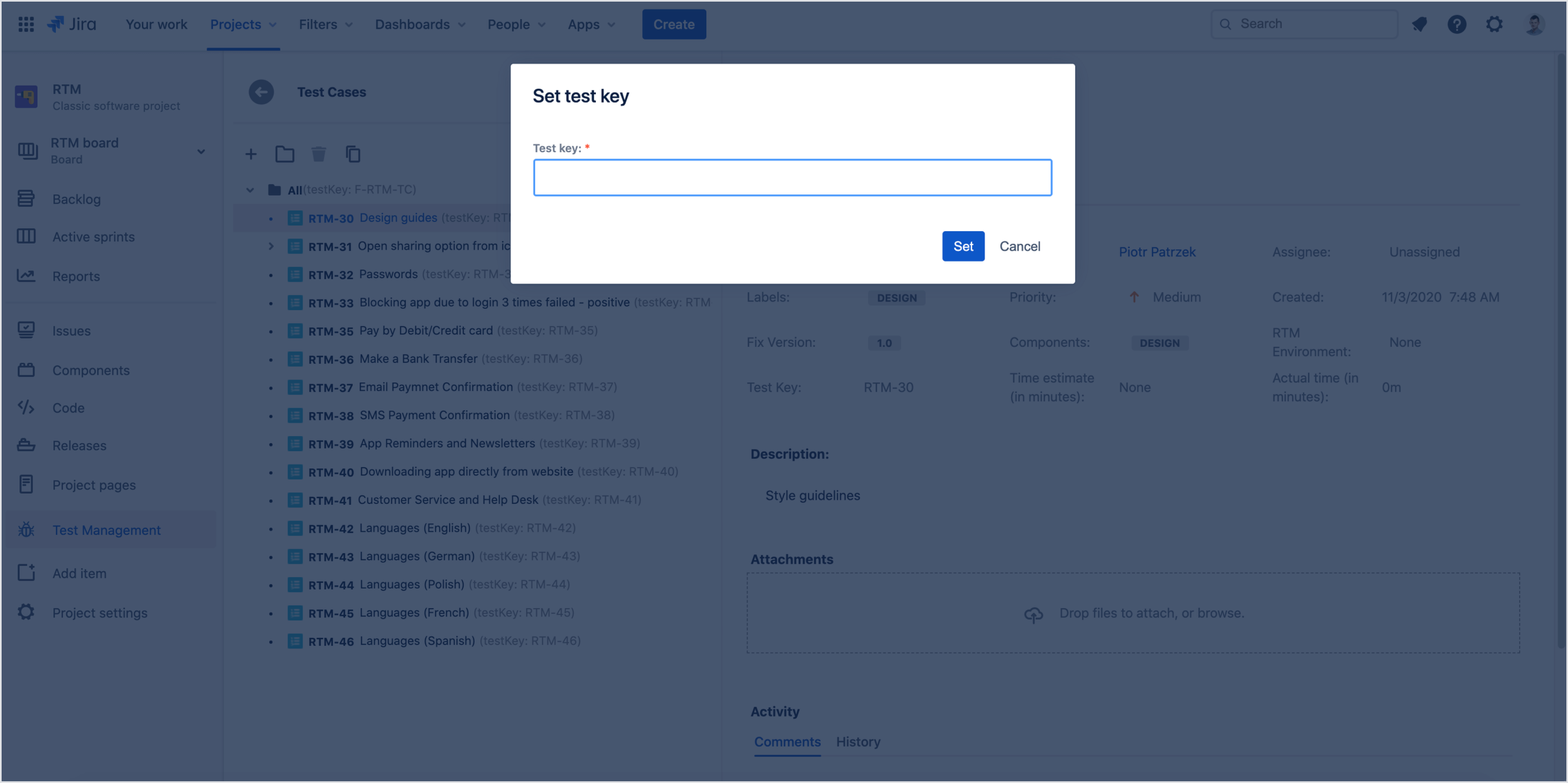 Set test key in Requirements and Test Management for Jira app
