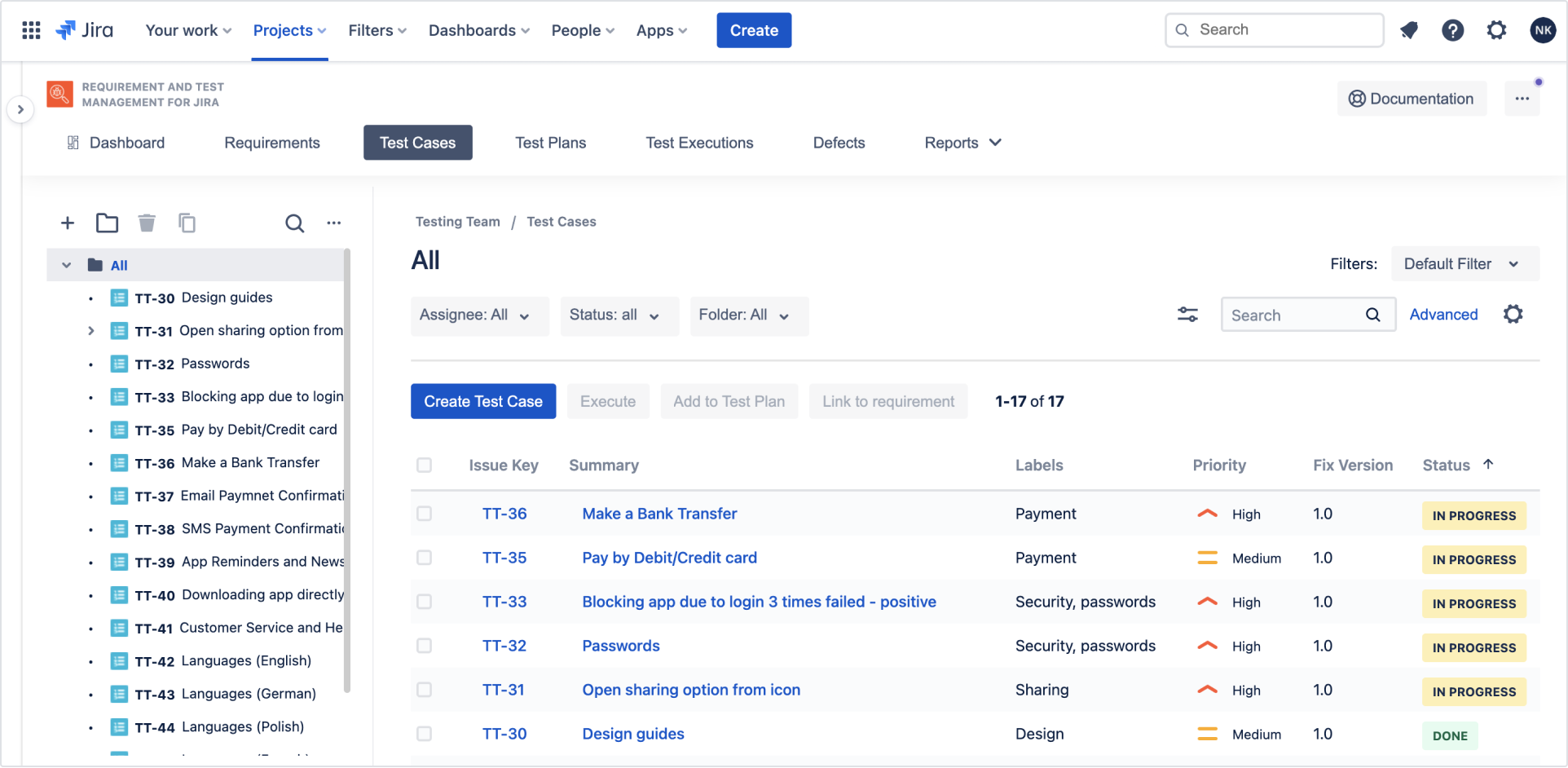 Explore test cases with Requirements and Test Management for Jira app