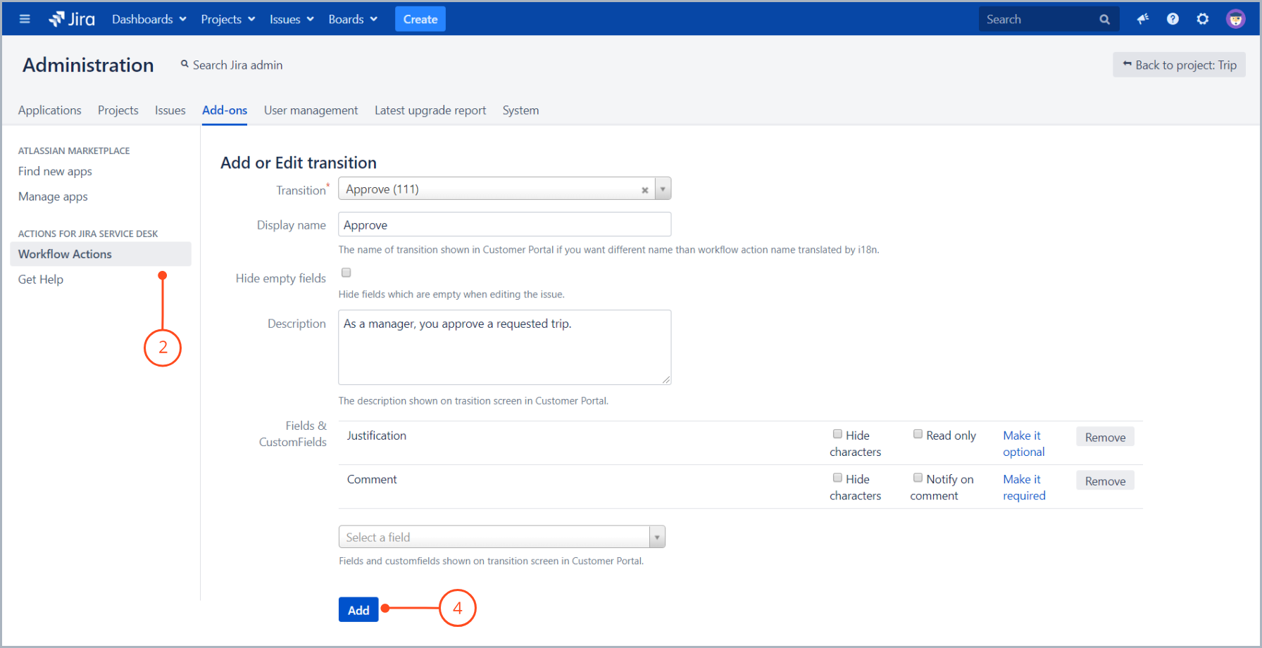 Add an Approve transition with Actions for Jira Service Management app