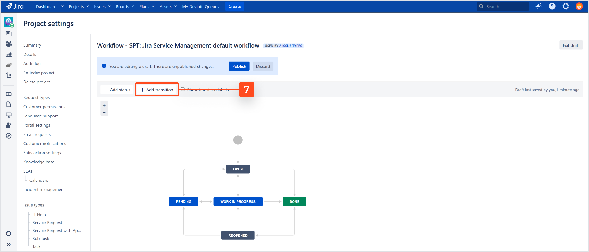 Adding a transition to the workflow with Actions for Jira Service Management