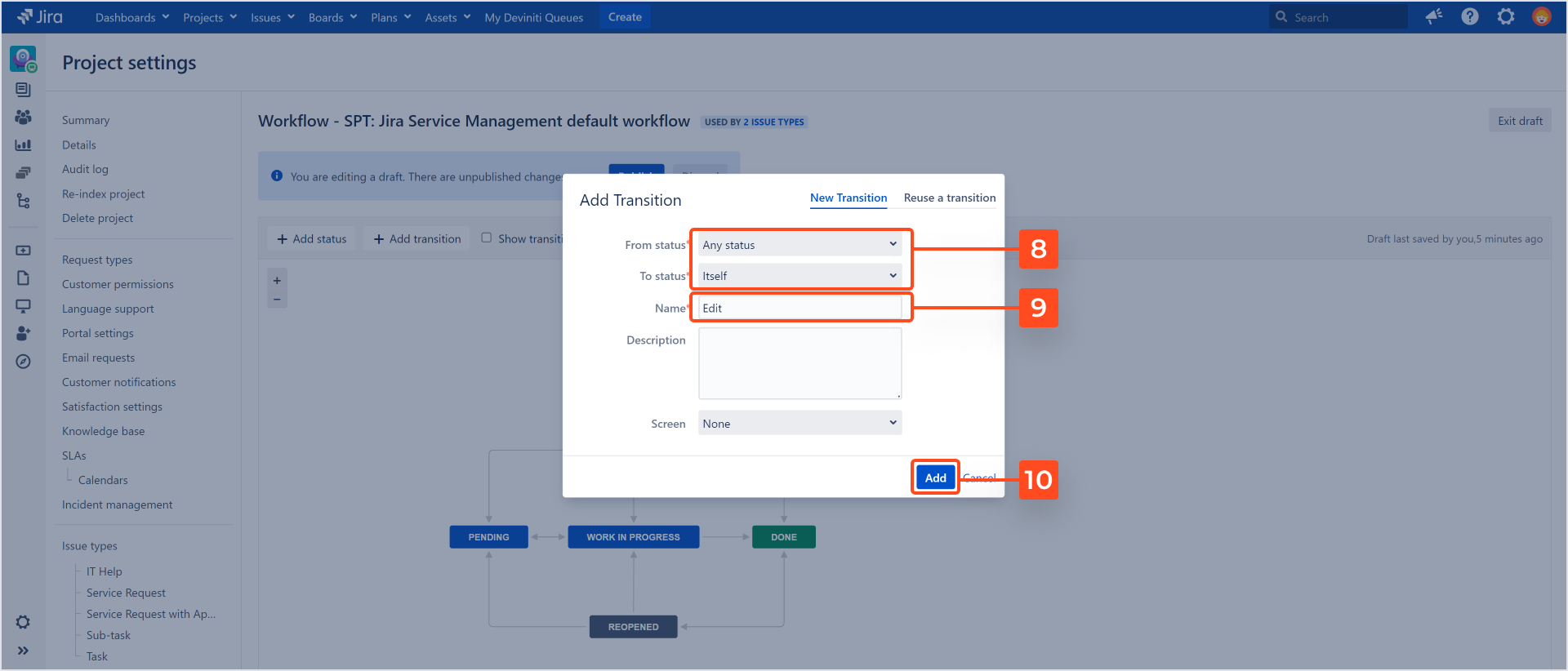 Configuring the transition with Actions for Jira Service Management