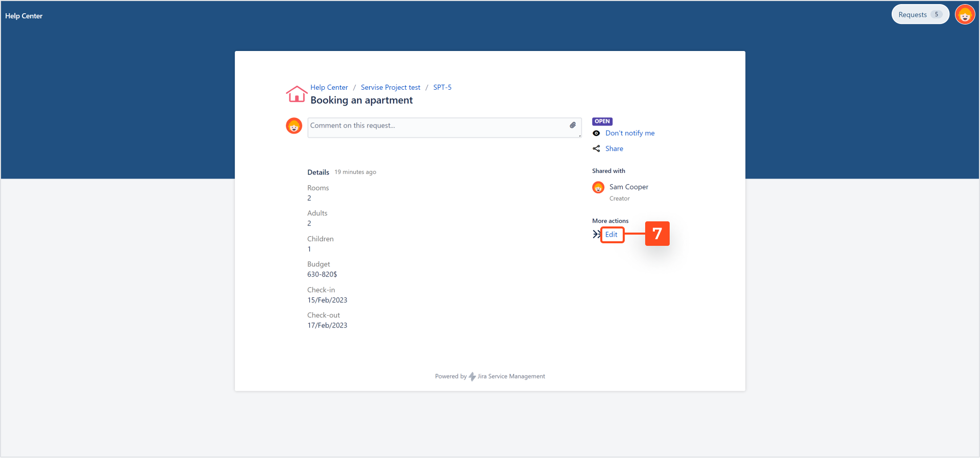Request details view with Jira Service Management self service feature