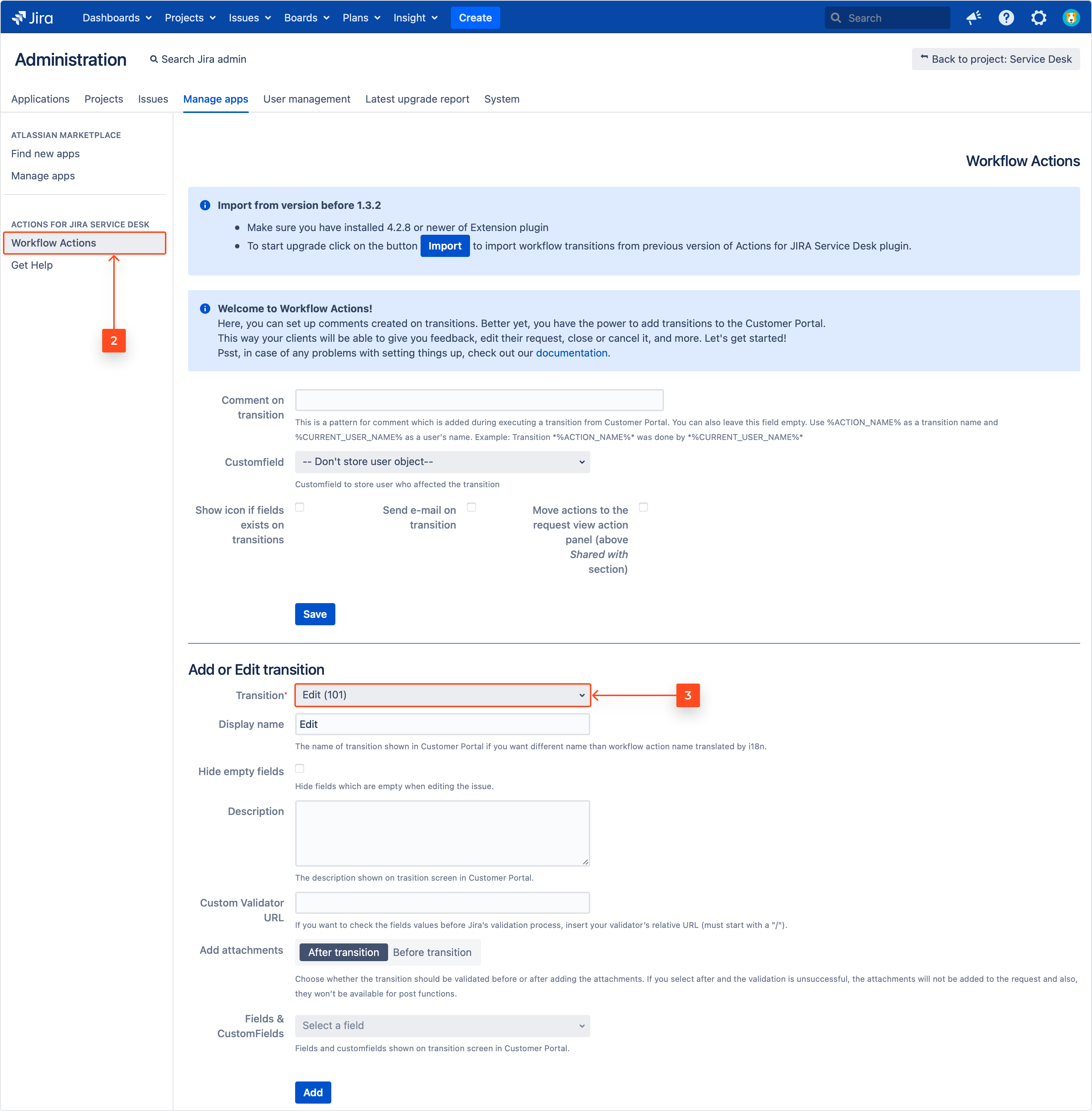 Select transition in the Jira Service Management workflow actions