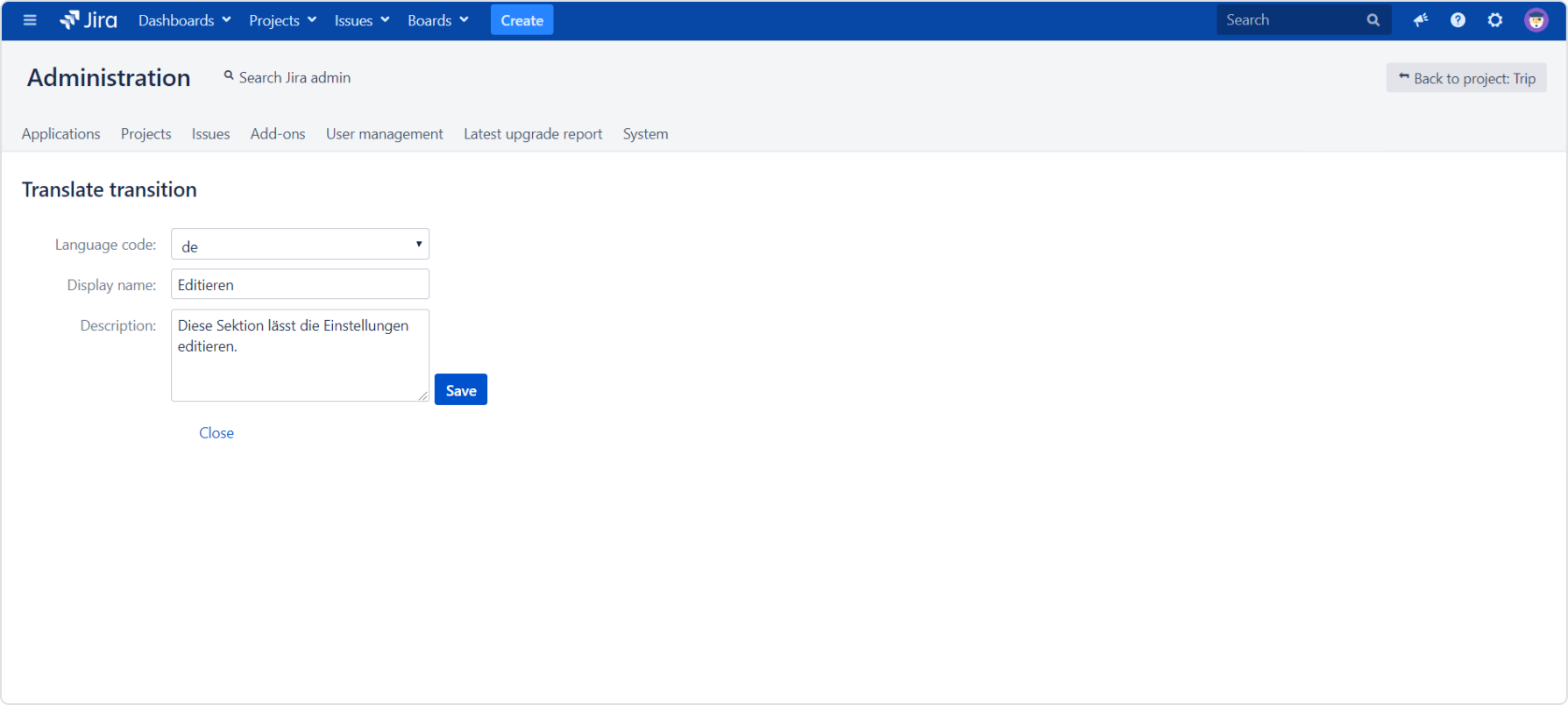 Set translation configuration with Actions for Jira Service Management app