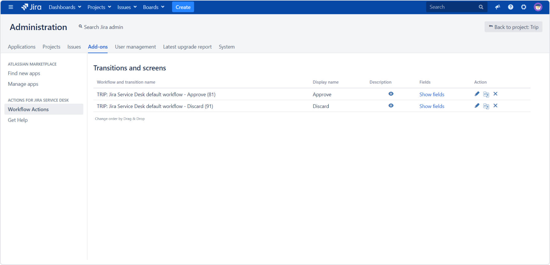 Result of deleting transition with Actions for Jira Service Management app