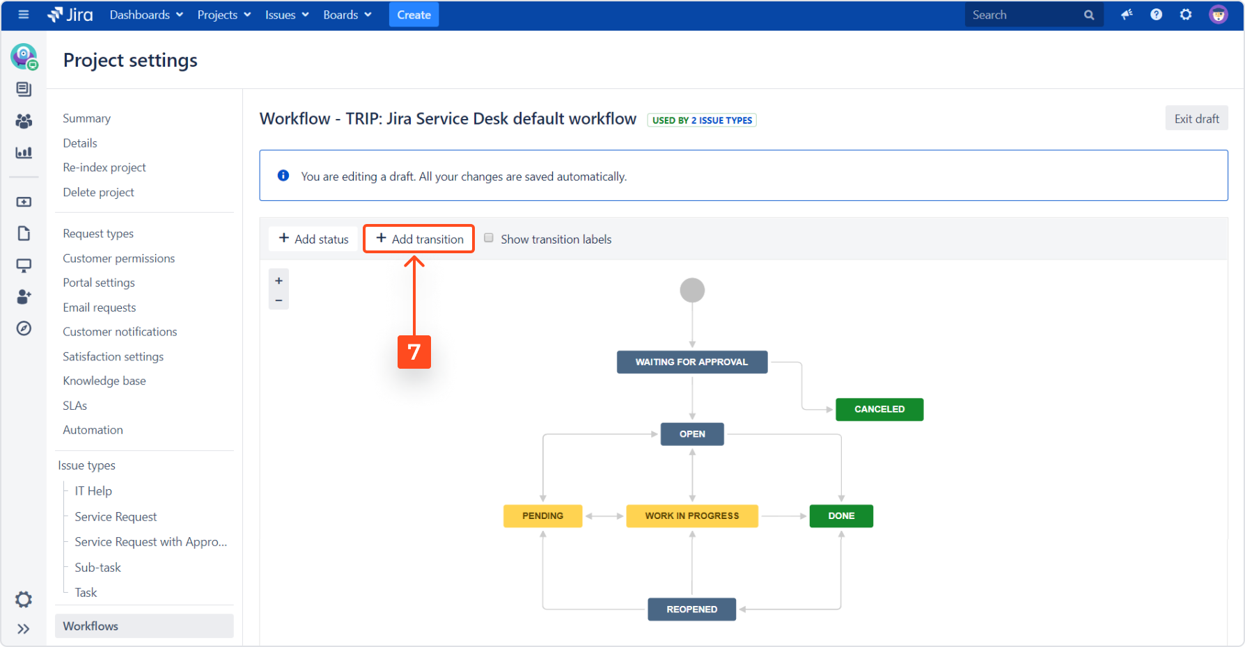 Click Add transition with Actions for Jira Service Management features