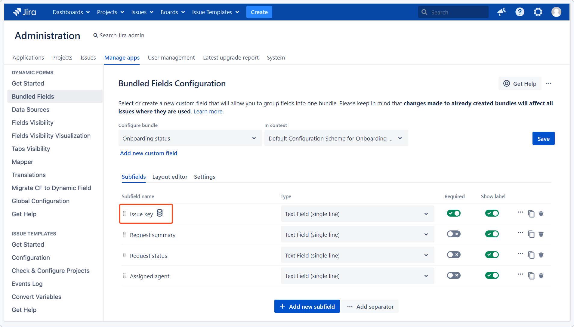 Dynamic Forms for Jira - Bundled Fields Data Sources: Connected subfield