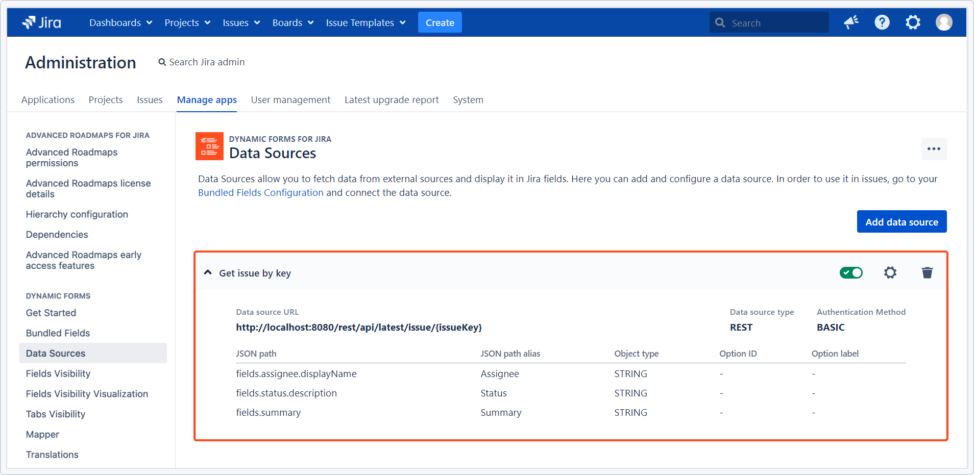 Dynamic Forms for Jira - Bundled Fields Data Sources: Configuration result