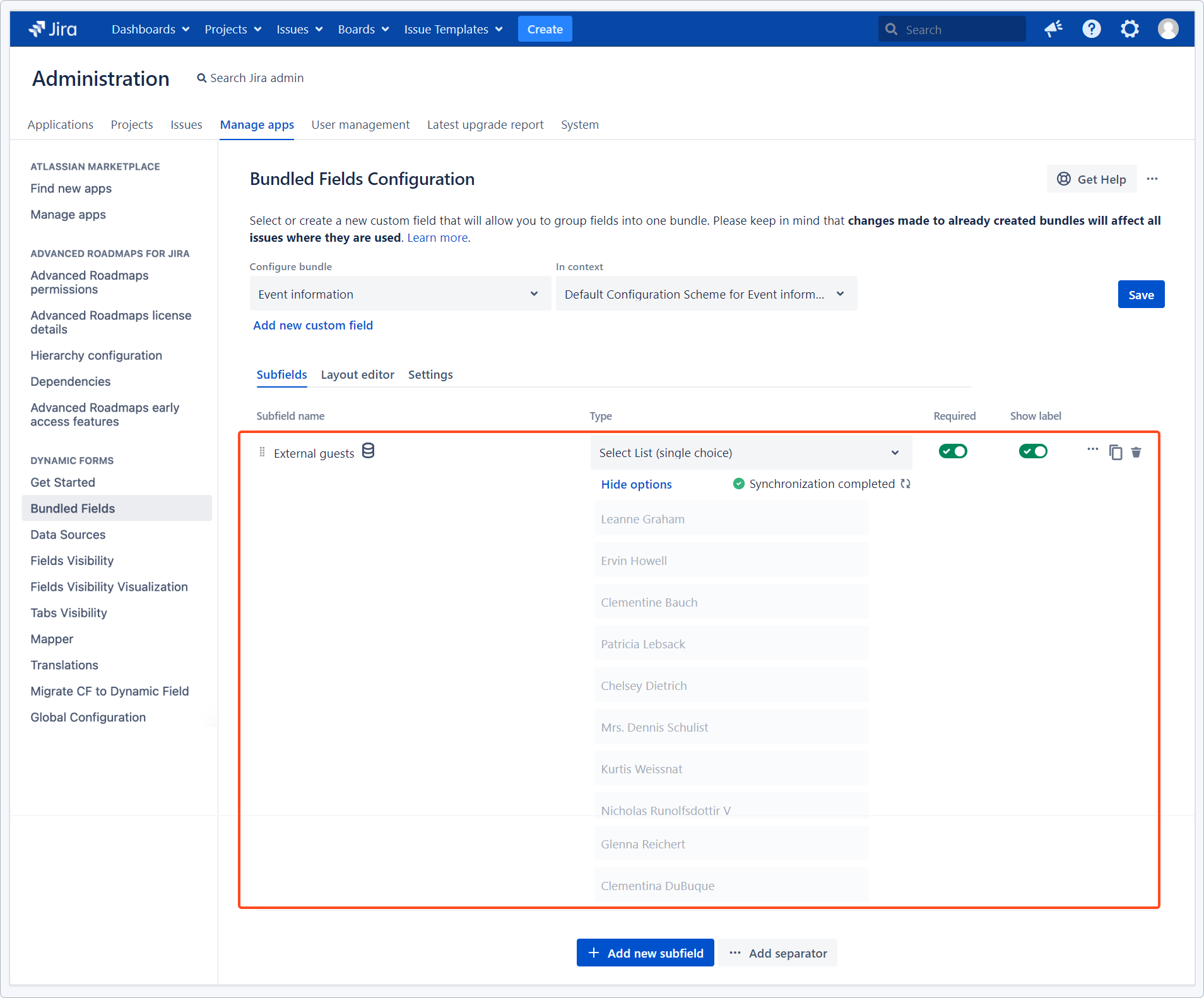 Dynamic Forms for Jira - Bundled Fields Data Sources: Connected subfield