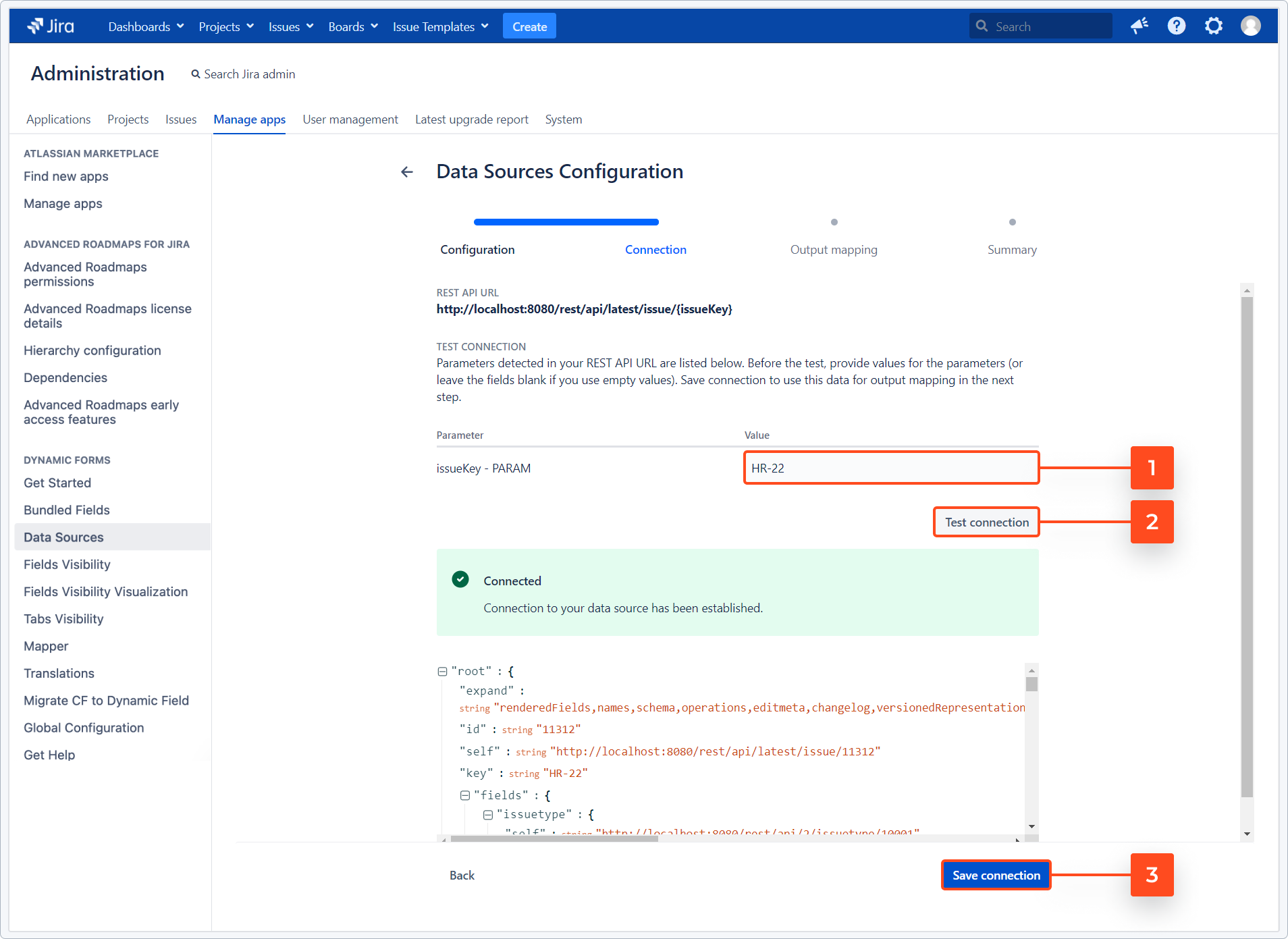 Dynamic Forms for Jira - Bundled Fields Data Sources: Test connection with additional parameters