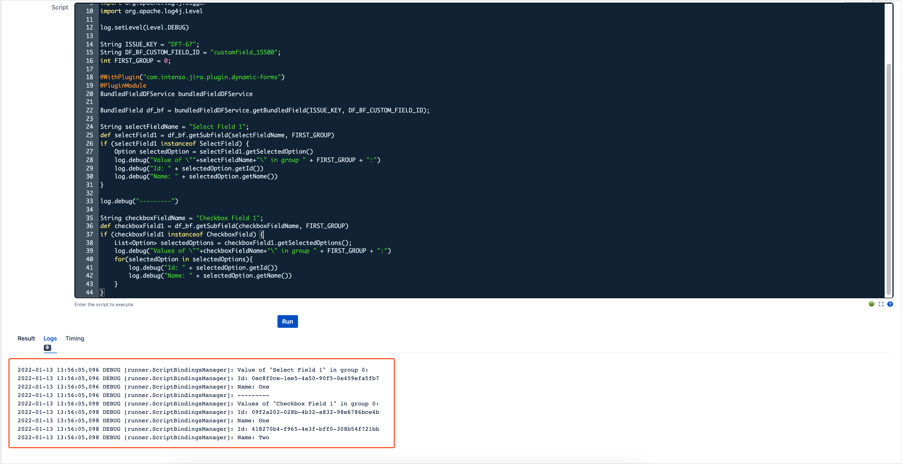 Dynamic Forms for Jira - Bundled Fields Java API: Get subfield values of the first group