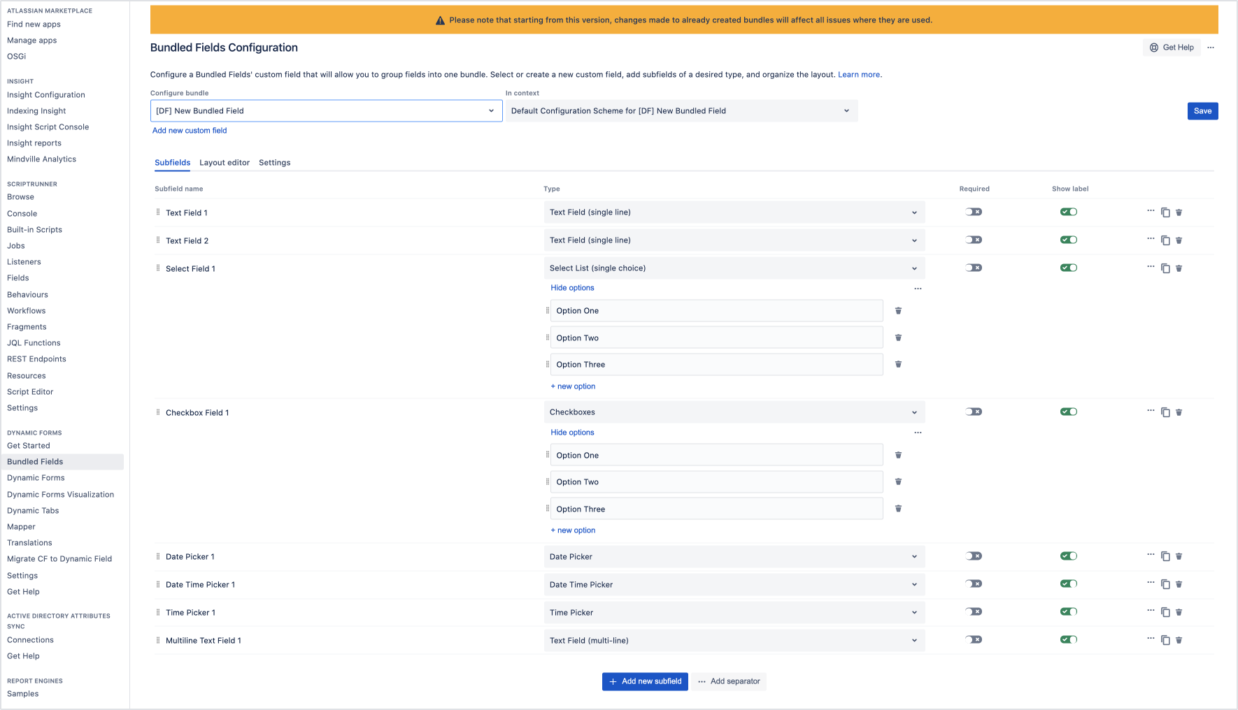 Dynamic Forms for Jira - Bundled Field Structure: Configuration