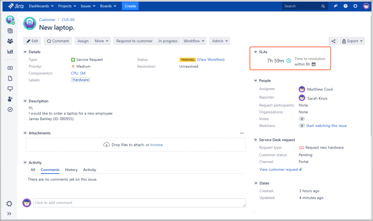 Now you can see how Restart SLA post function works with Extension for Jira Service Management in the issue view