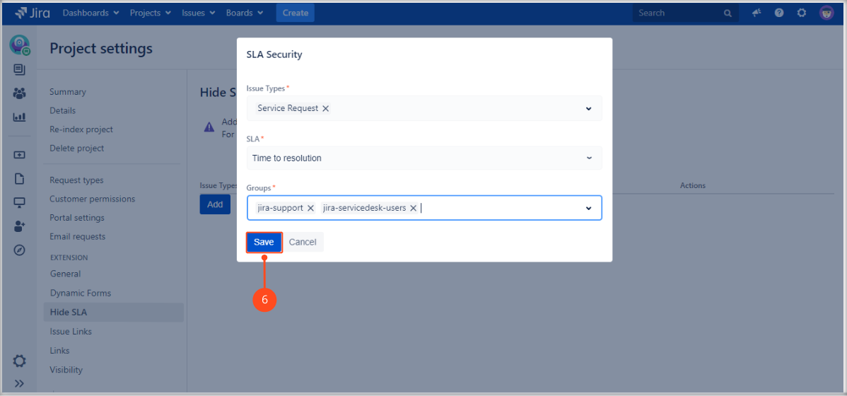Creating the SLA data visibility configuration for specific groups with Extension for Jira Service Management in the issue view