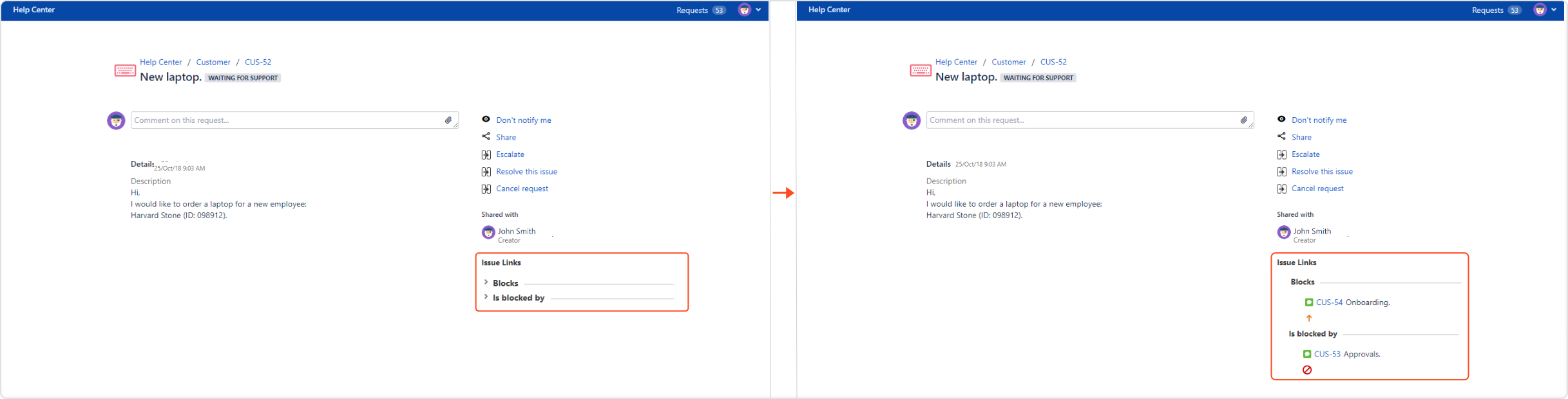 Now you can create Jira Service Management requests with Issue Links configuration in the request details view on the Customer Portal