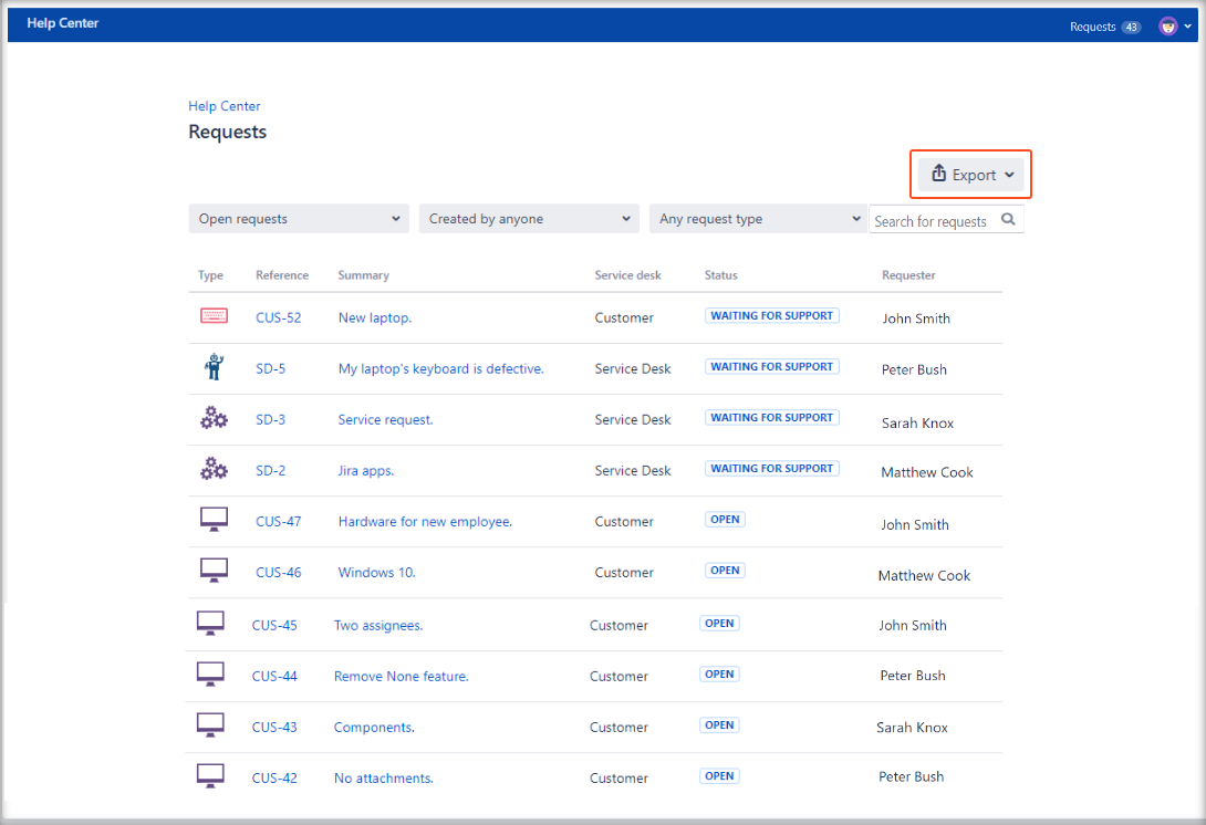 Export a list from My Requests List on the Customer Portal with Extension for Jira Service Management