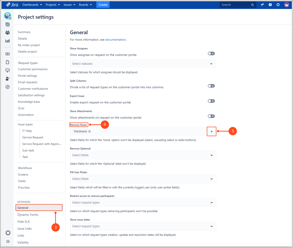 Setting Remove None with Extension for Jira Service Management on the Customer Portal by adding specific fields
