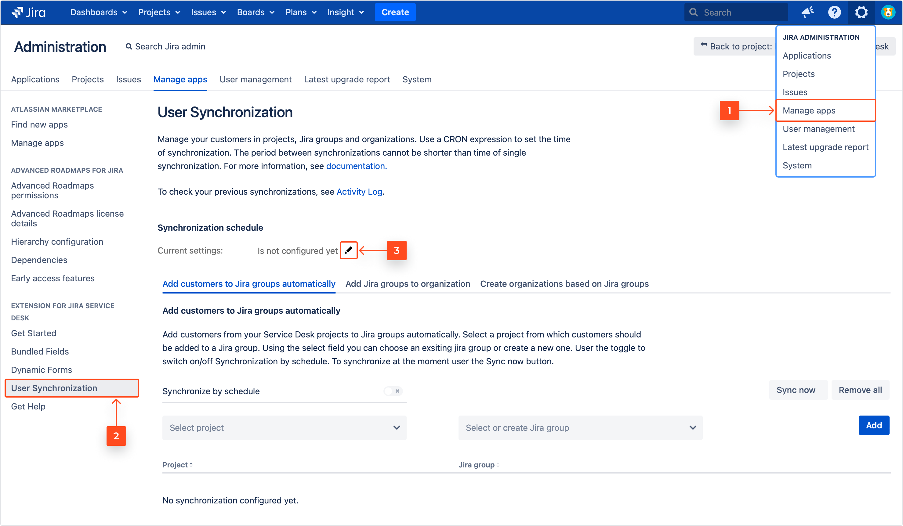 Configuring organizations and Jira groups synchronization with Extension for Jira Service Management by setting up time of synchronization