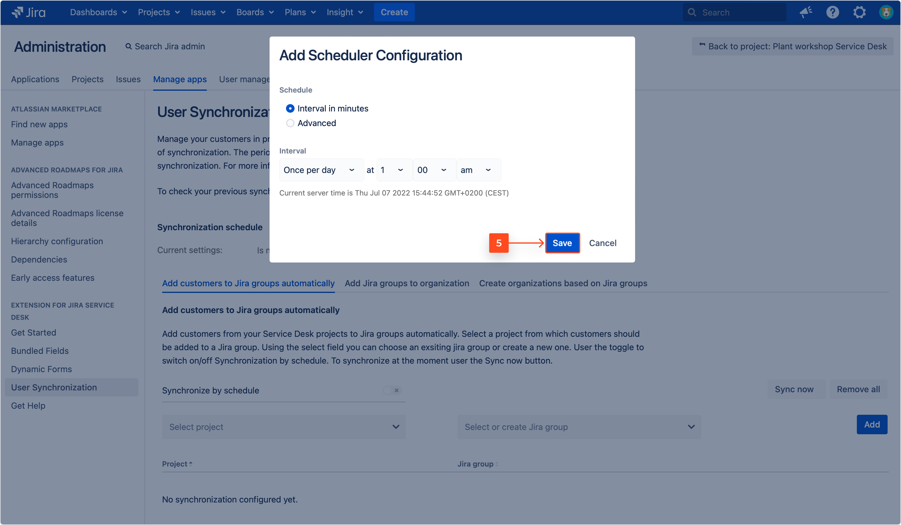 Configuring organizations and Jira groups synchronization with Extension for Jira Service Management by adding scheduler configuration
