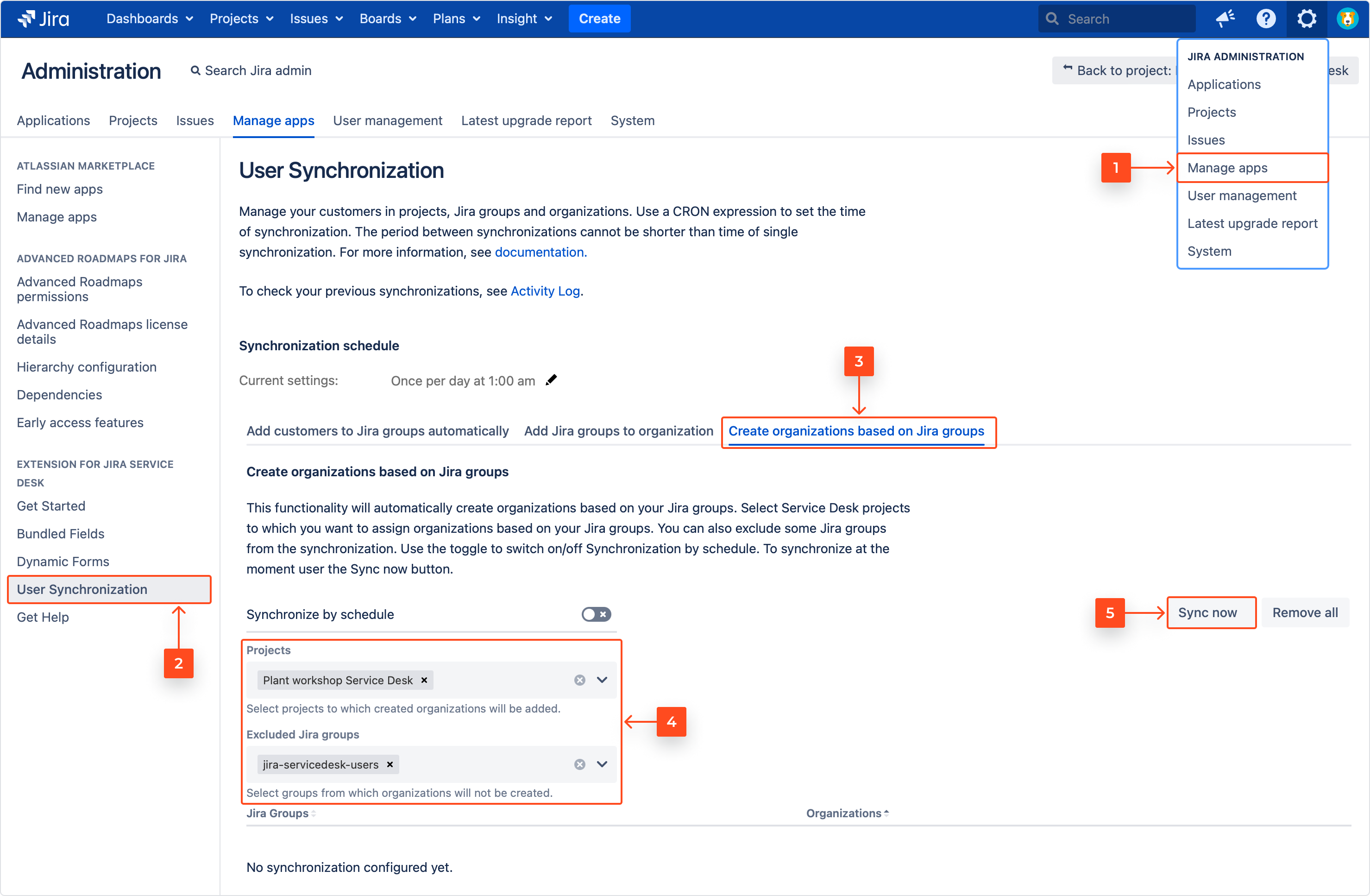 Creating Organizations based on Jira groups with Extension for Jira Service Management by selecting projects and excluded Jira groups
