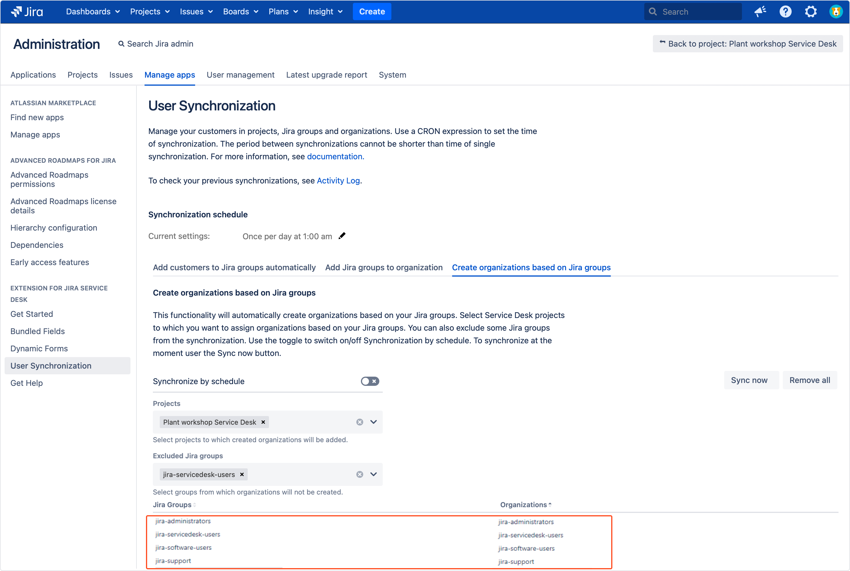 Creating Organizations based on Jira groups with Extension for Jira Service Management by adding a configuration
