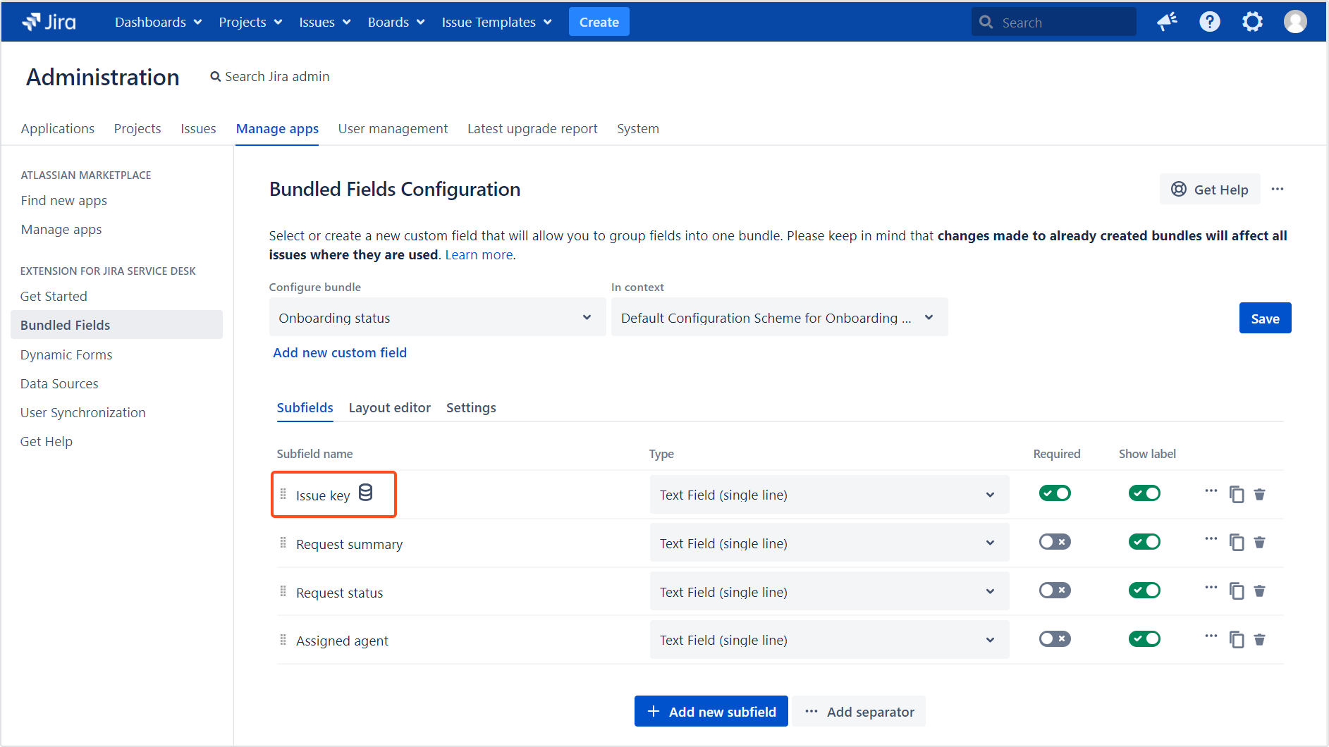 Extension for Jira Service Management - Bundled Fields Data Sources: Connected subfield