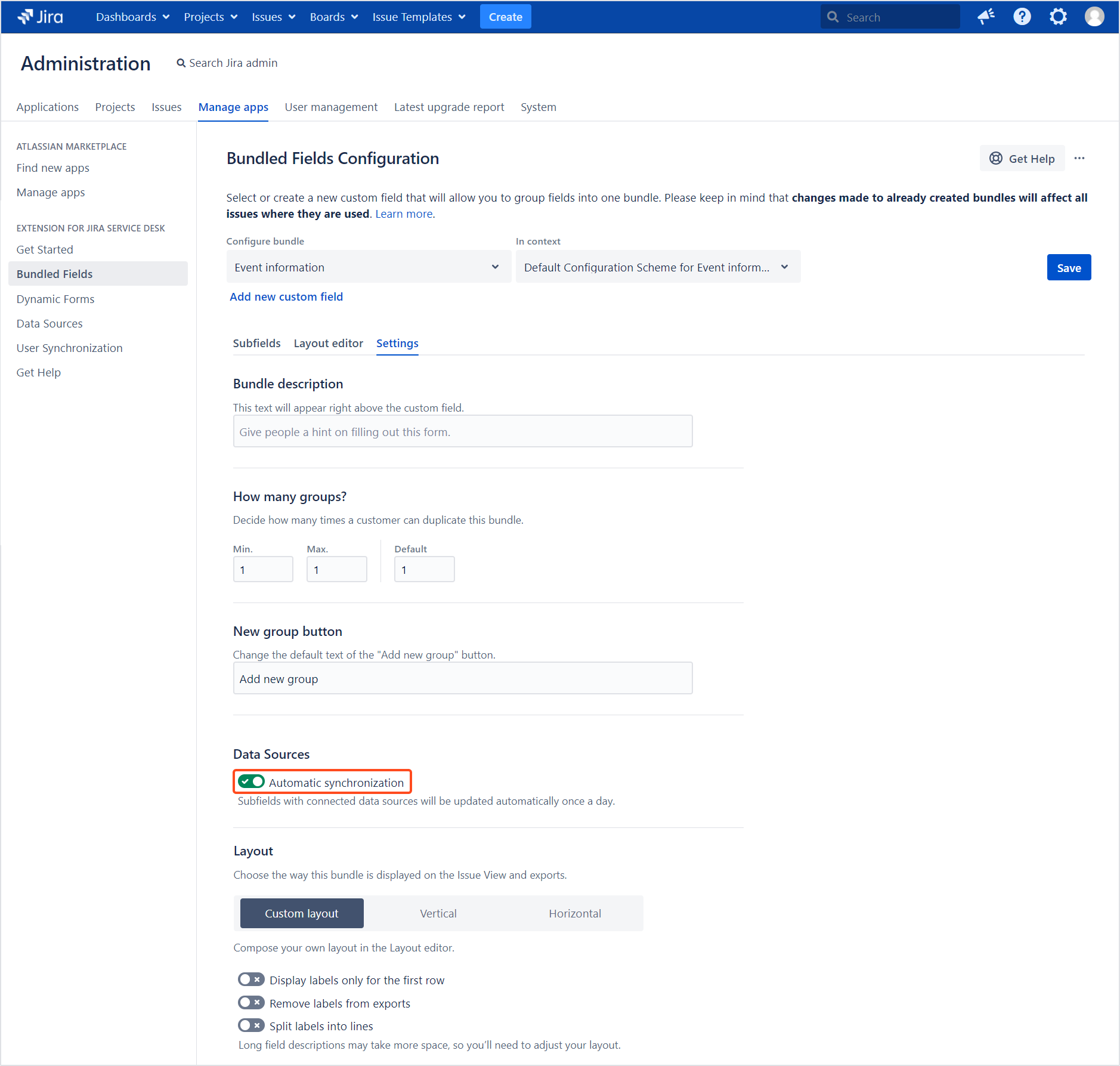 Extension for Jira Service Management - Bundled Fields Data Sources: Automatic synchronization of options