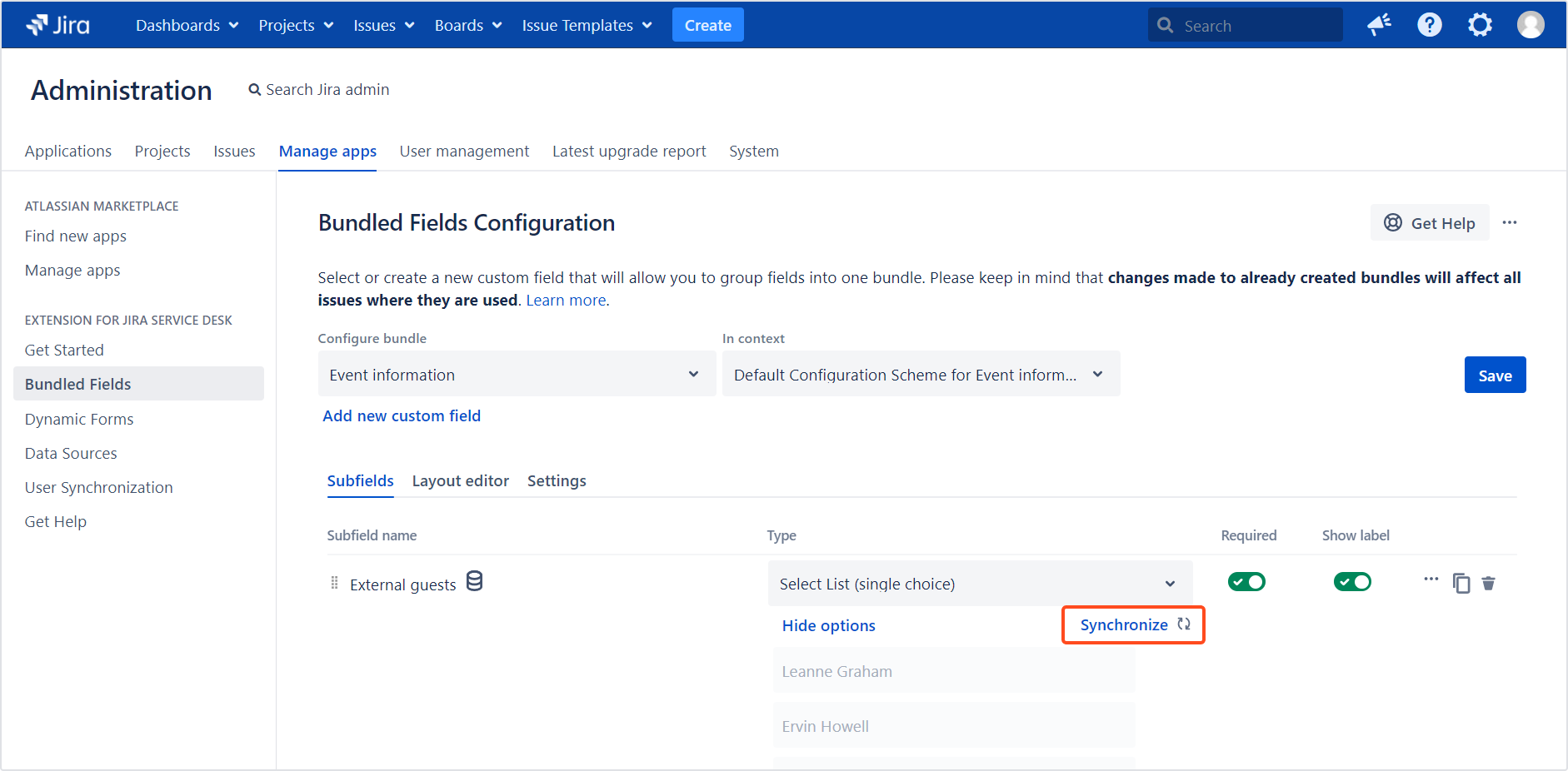 Extension for Jira Service Management - Bundled Fields Data Sources: Manual synchronization of options