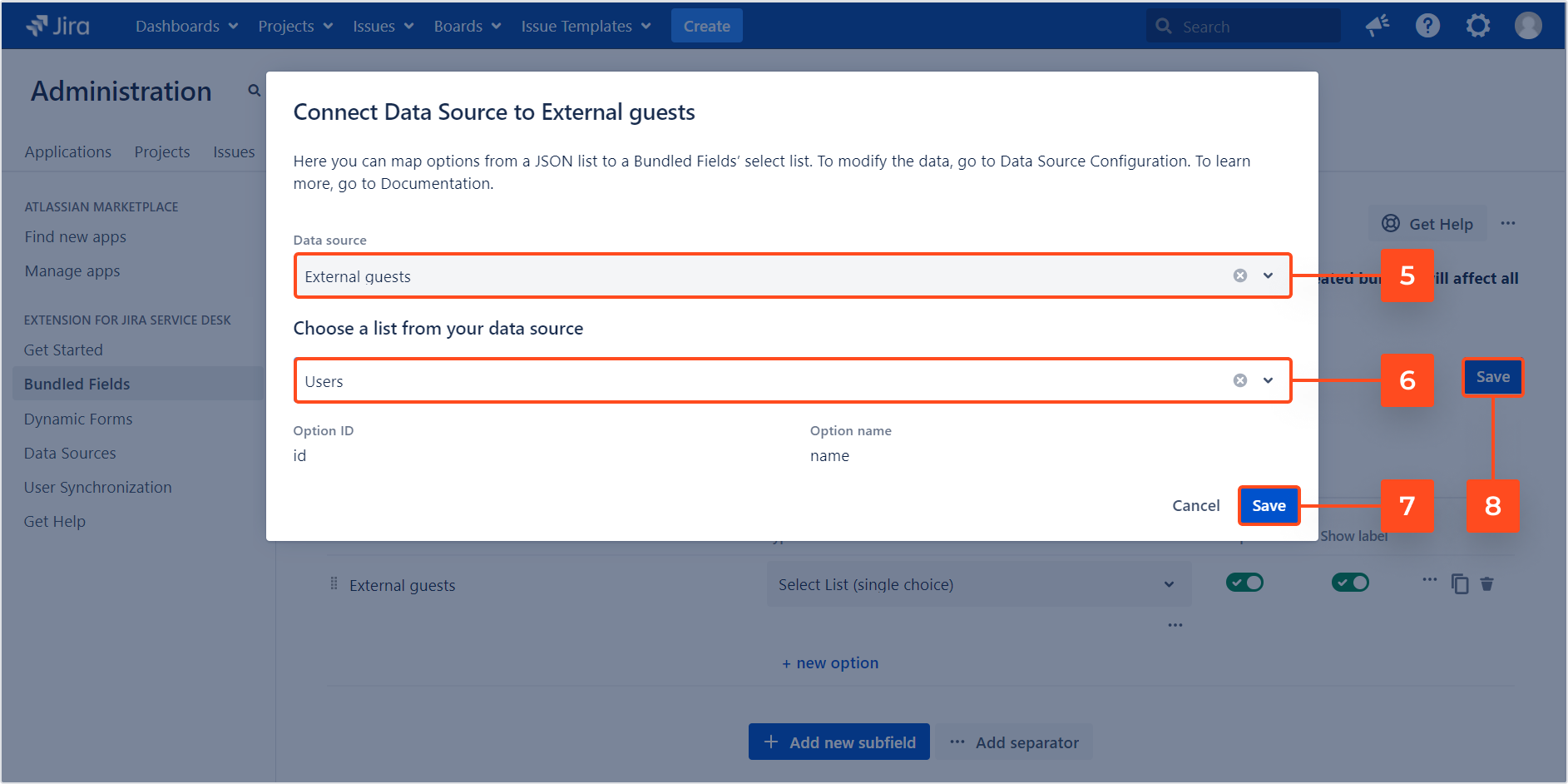 Extension for Jira Service Management - Bundled Fields Data Sources: Synchronization of options