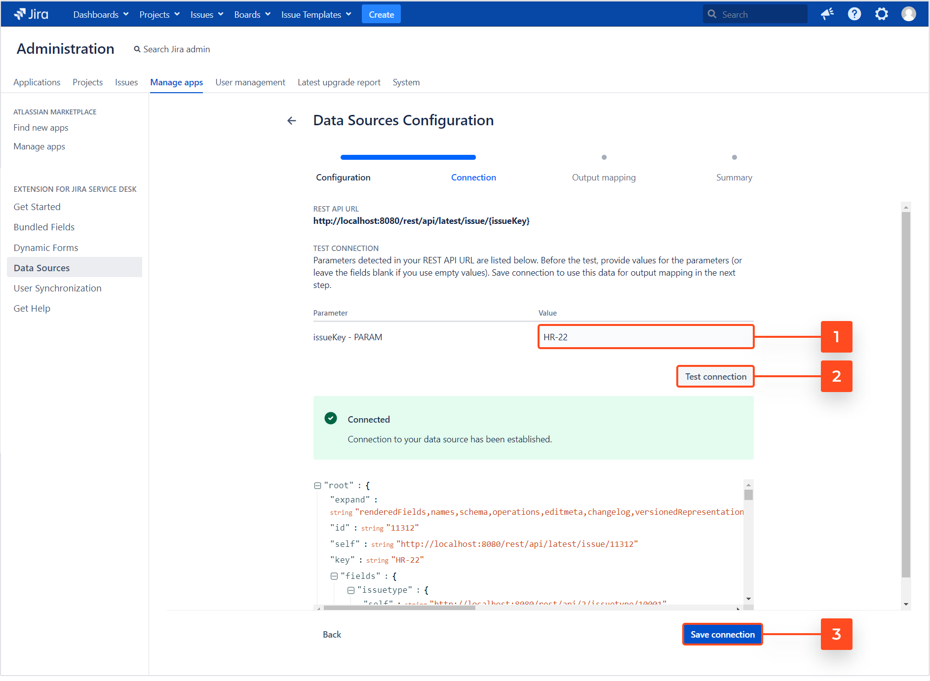 Extension for Jira Service Management - Bundled Fields Data Sources: Test connection with additional parameters