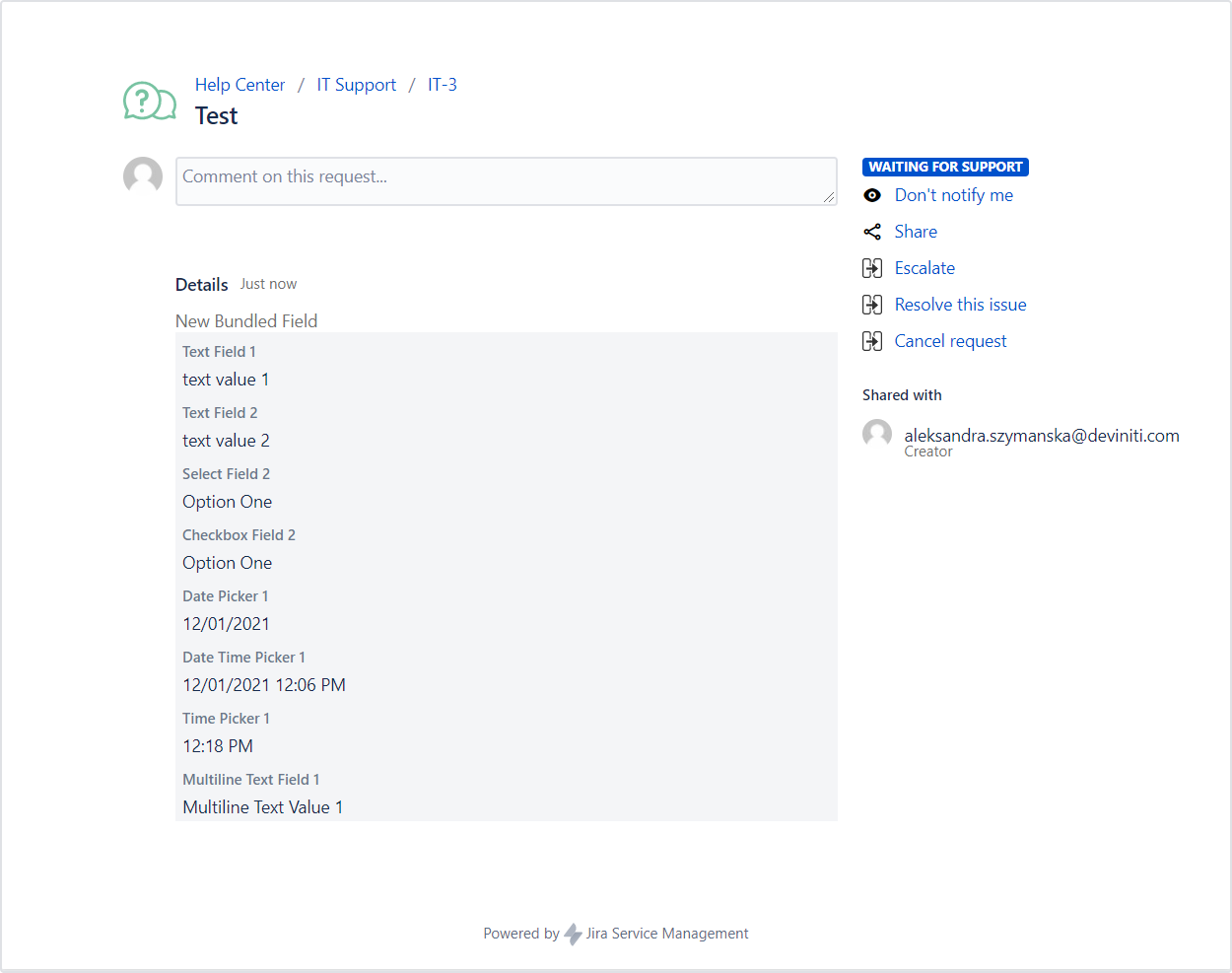 Extension for Jira Service Management - Bundled Field Structure: Request Details View