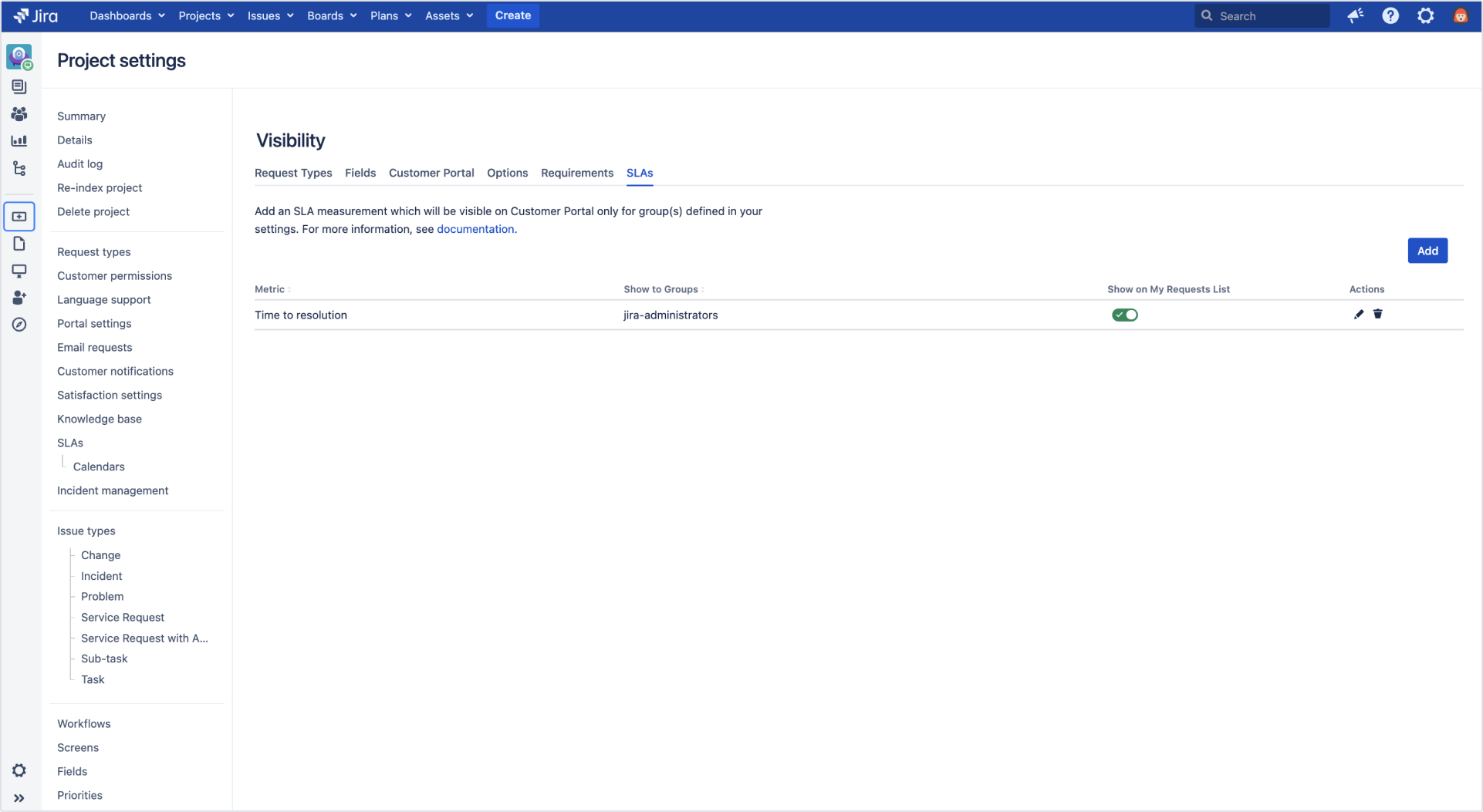 Configured SLAs visibility with Extension for Jira Service Management on My Requests List on the Customer Portal by adding a configuration to the list