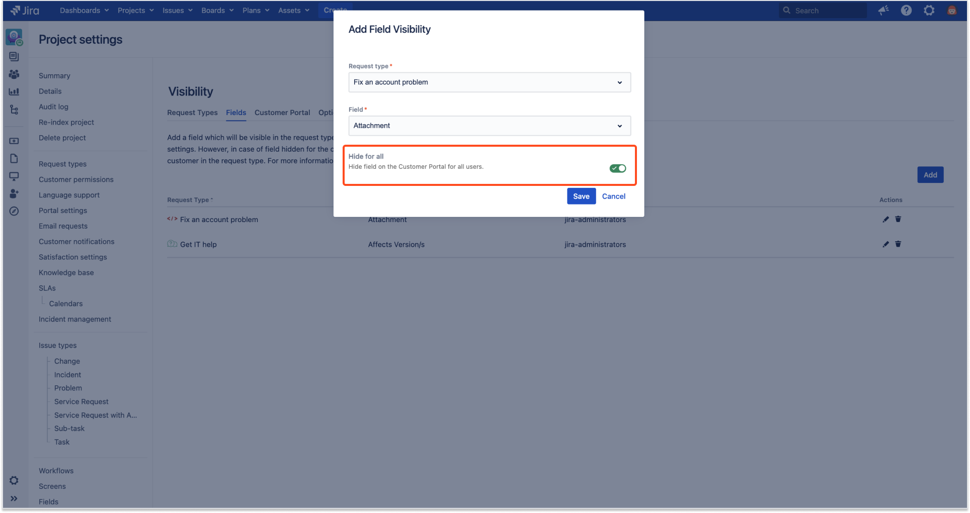 Extension for Jira Service Management - Hide Fields visibility for all users
