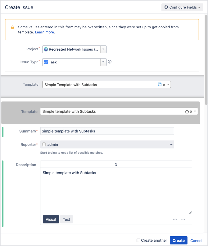 Jira Issue Templates - Overwrite values on the Jira create issue screen