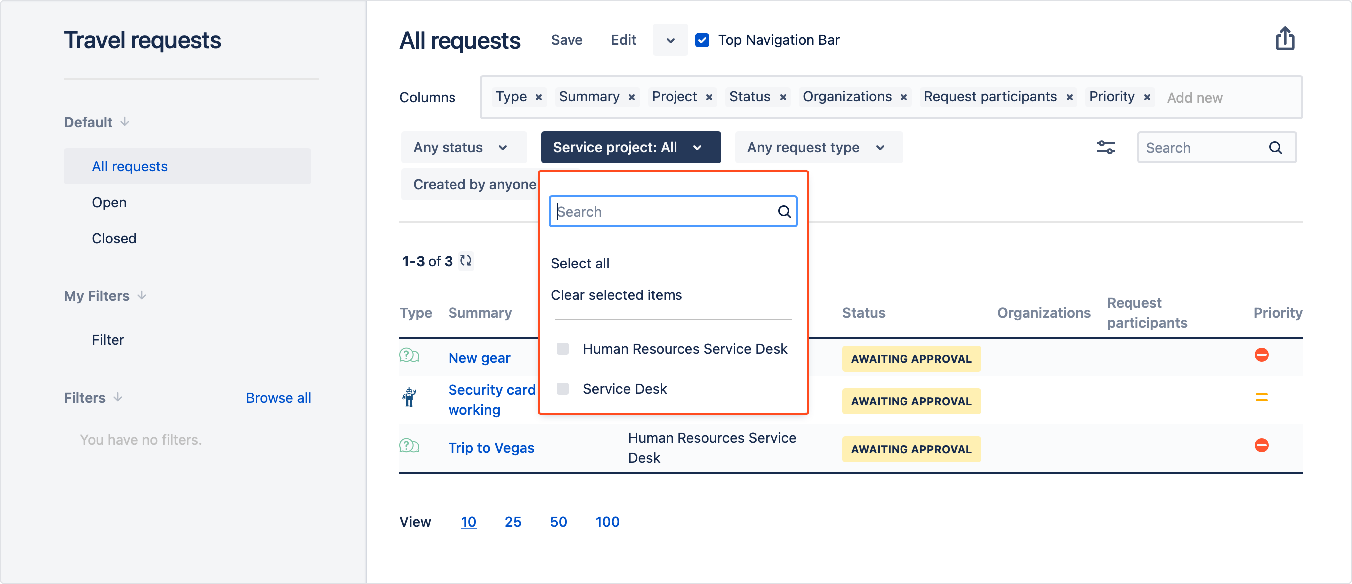 Filter requests by status Jira Service Management