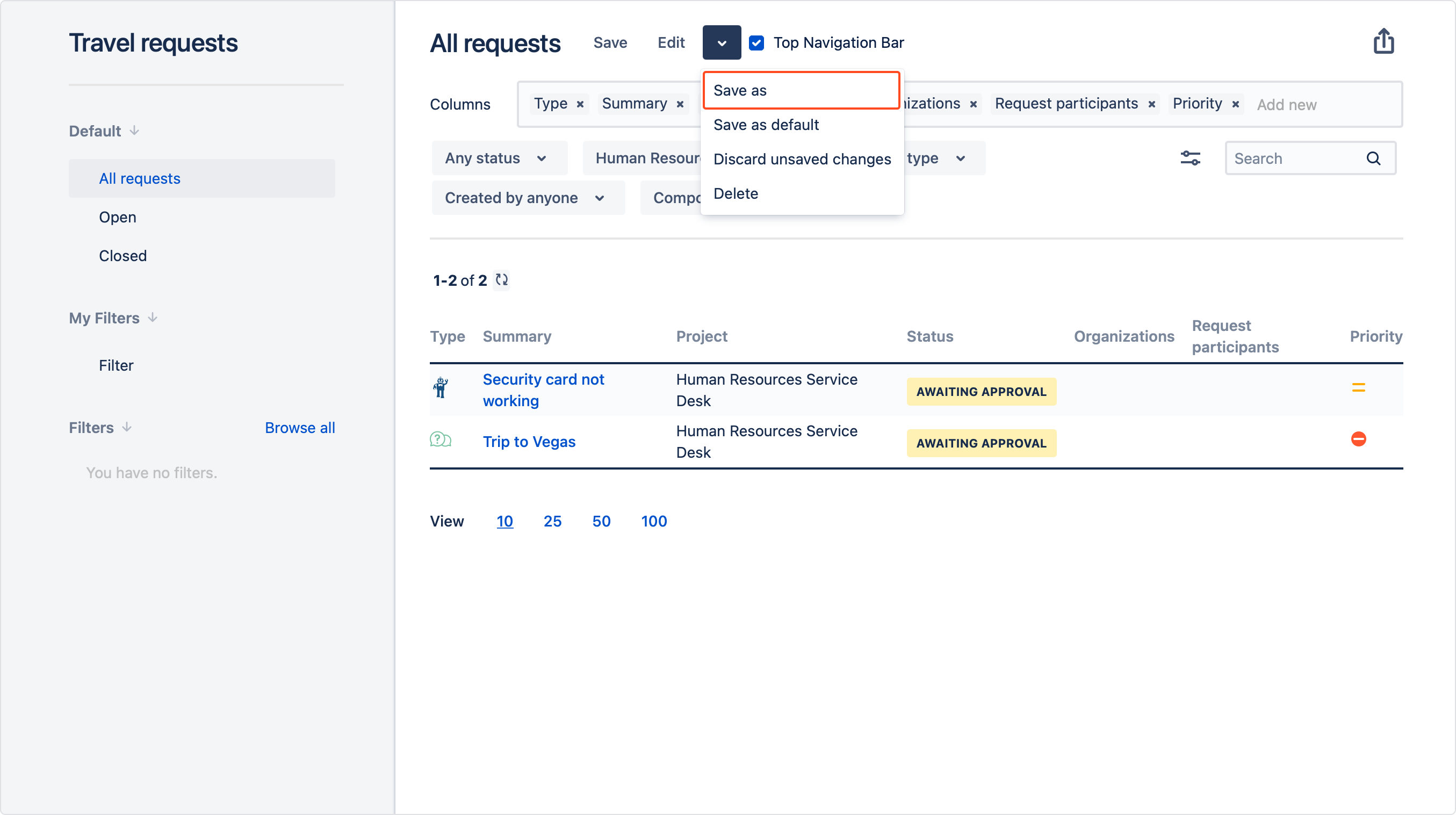 Add dropdown filters in my requests Jira Service Management