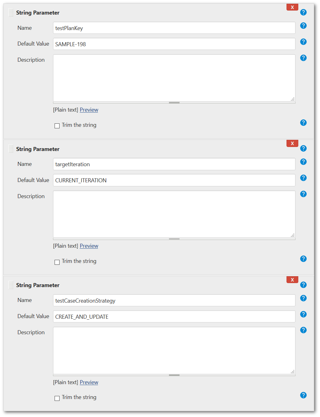 Example of completed parameters in Jenkins for run automated tests to TestFLO - Test Managemenet in Jira