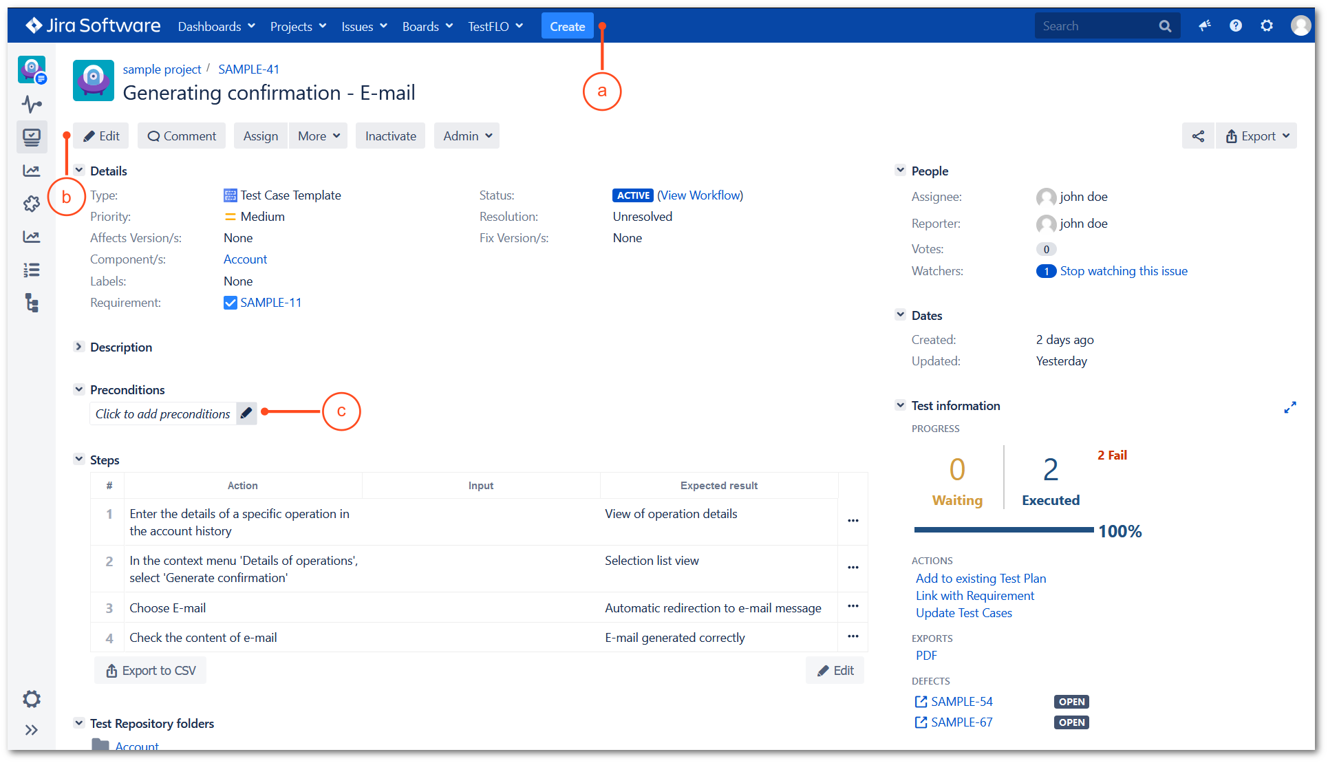 Edit preconditions with TestFLO Jira Test Management