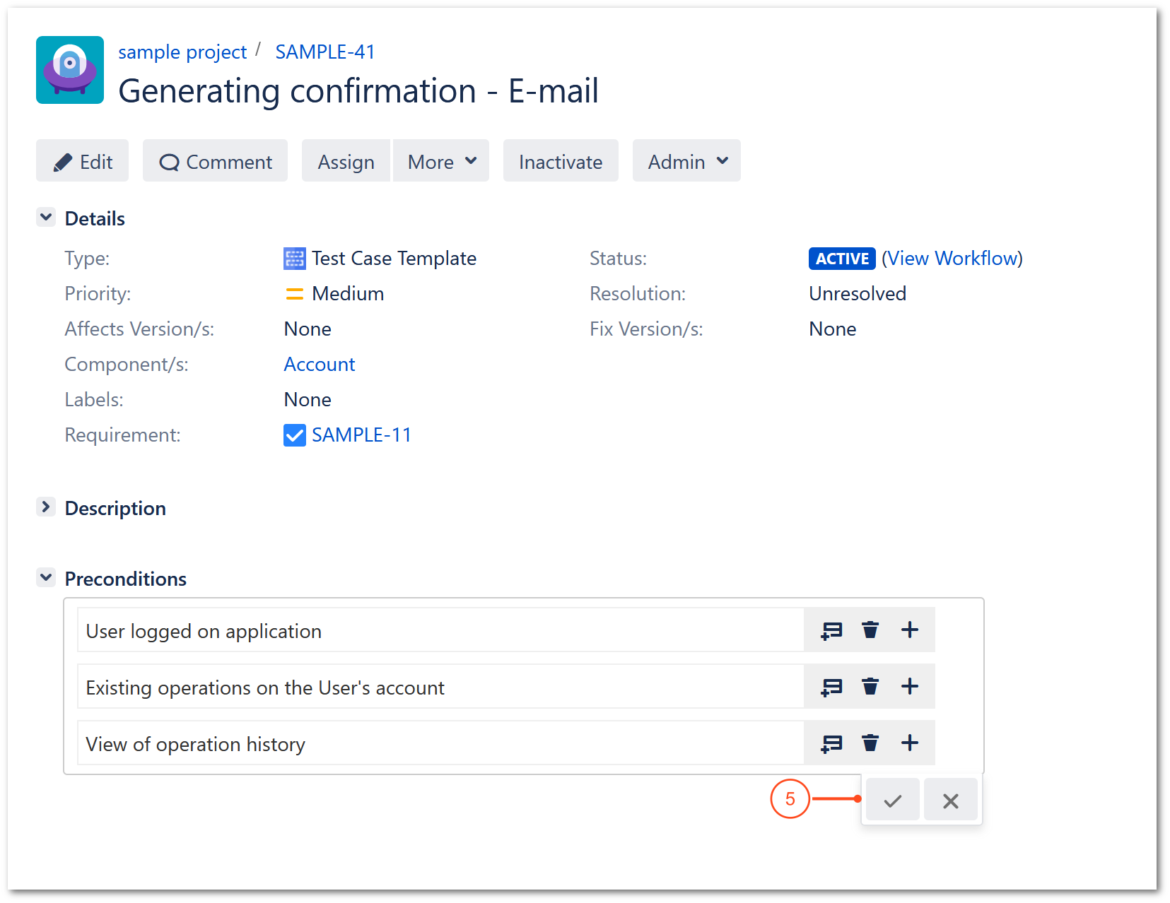Add preconditions with TestFLO Jira Test Management