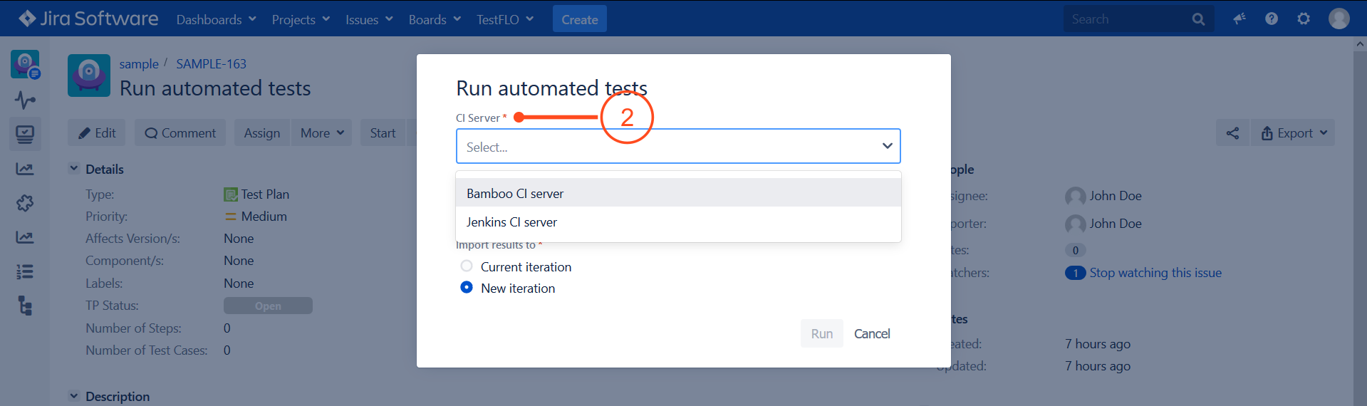 Run automated tests operation in Test Plan in TestFLO - Test Management in Jira