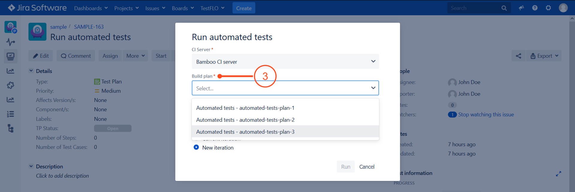 Run automated tests operation in Test Plan in TestFLO - Test Management in Jira