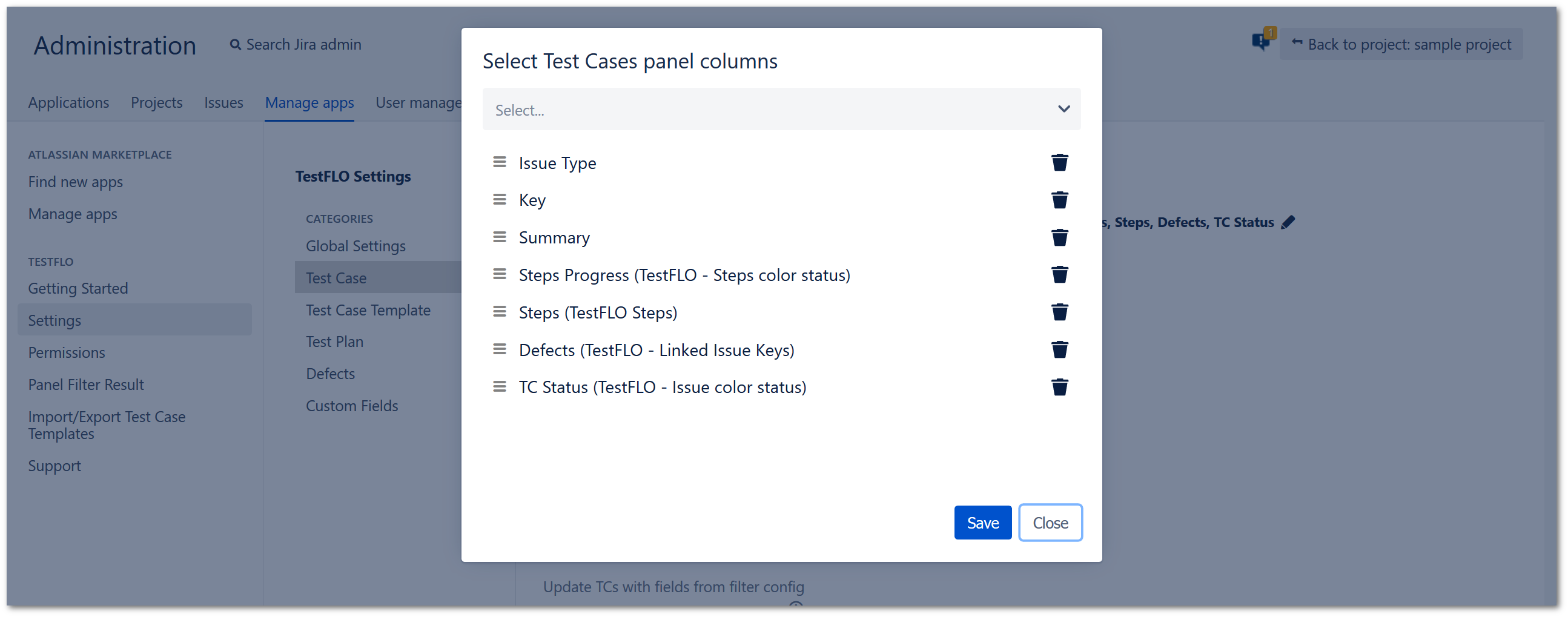 Test Cases panel columns settings