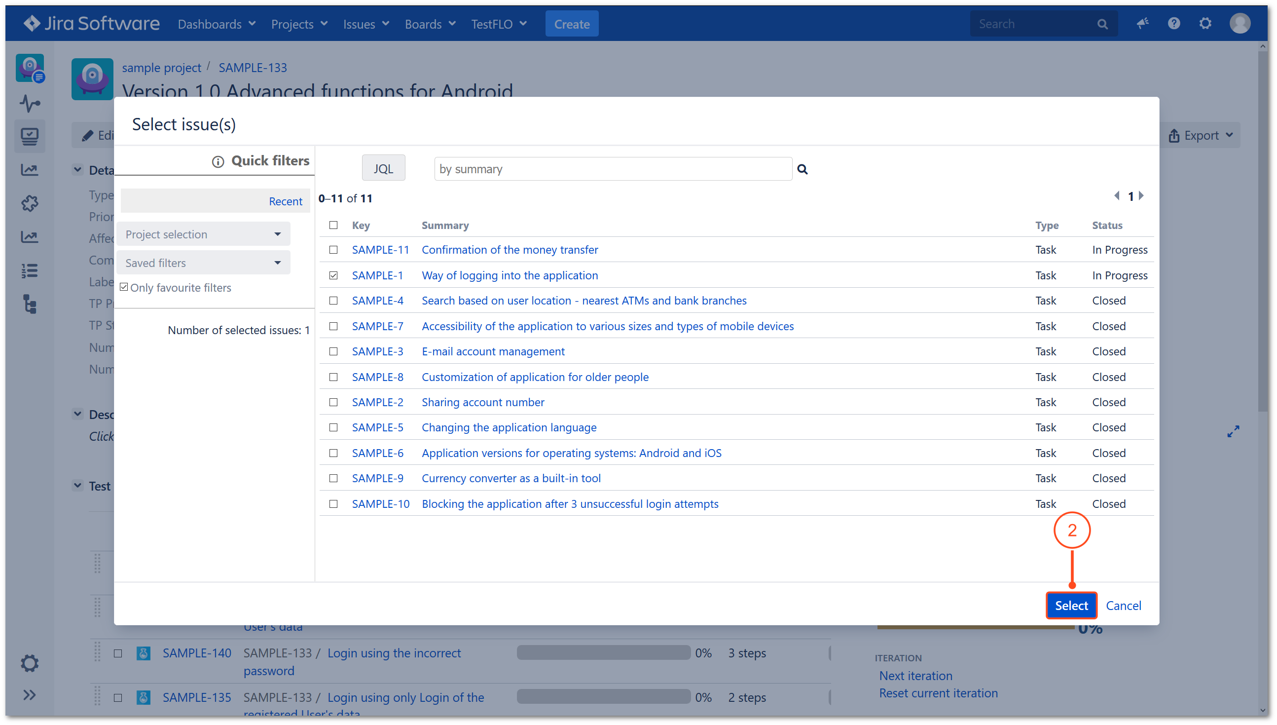 Link with Requirement operation in TestFLO Jira Test Management