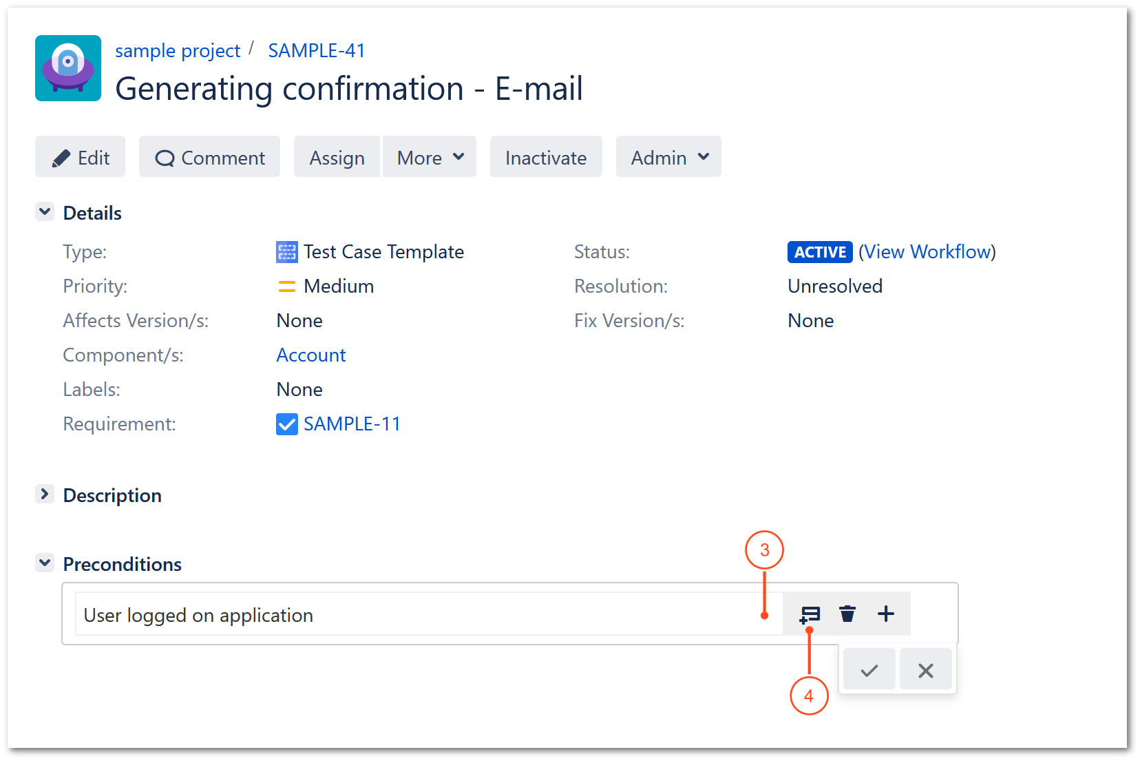 Add preconditions with TestFLO Jira Test Management