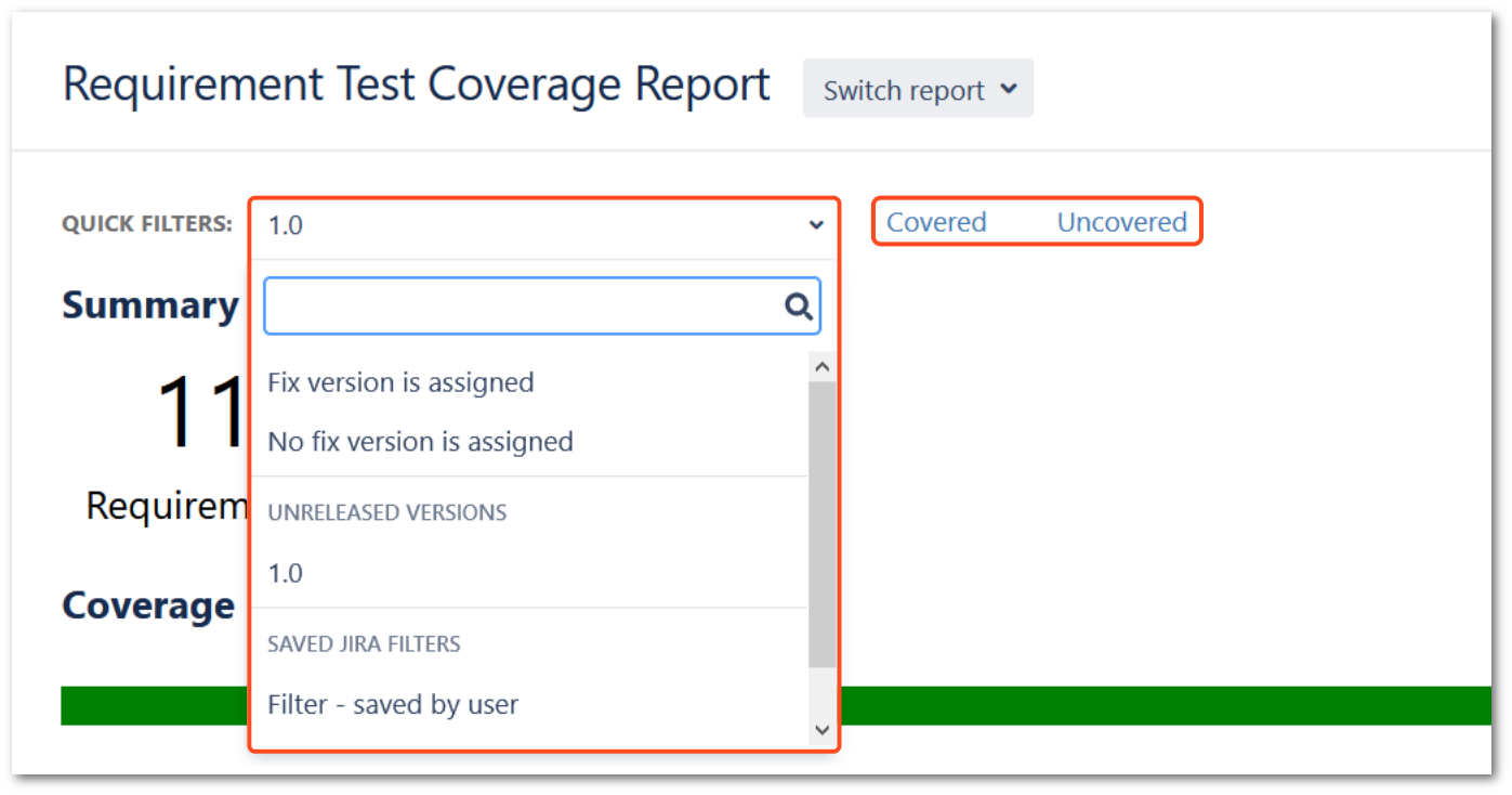 Filtering in Requirement Test Coverage Report