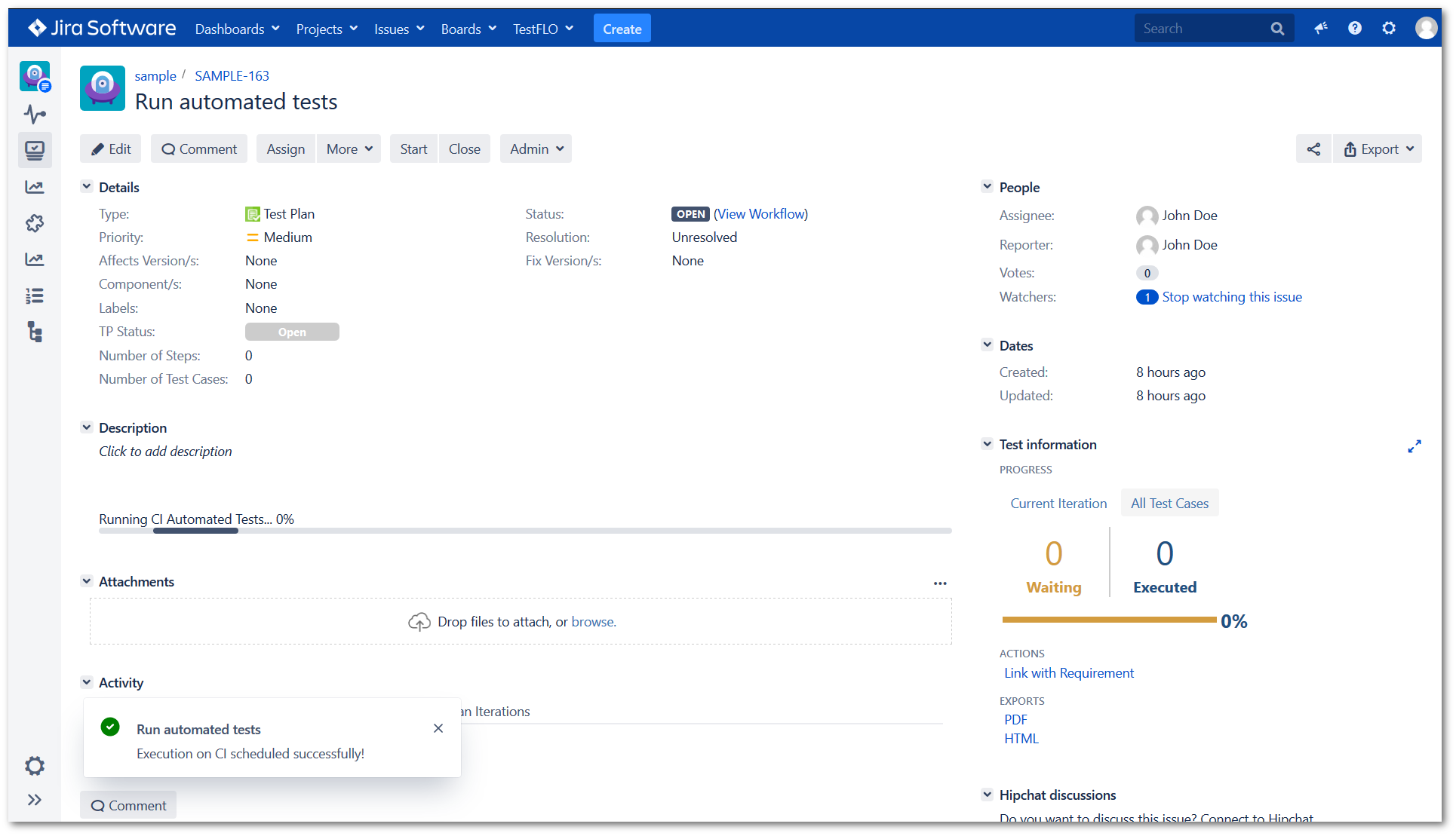 The progress of Running CI Automated Tests in Test Plan in TestFLO - Test Management in Jira